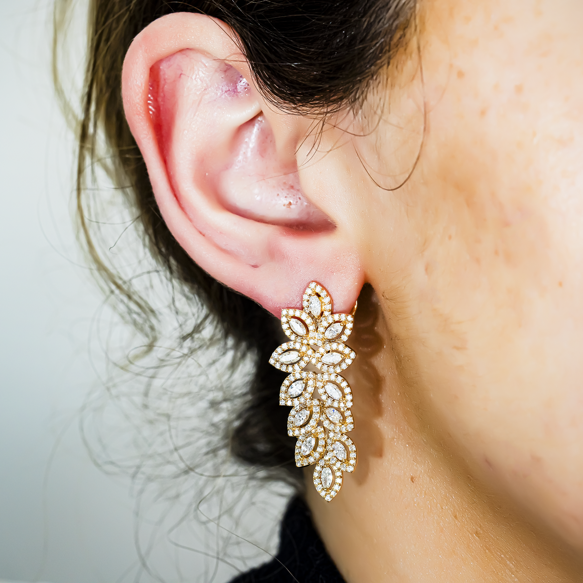 14K Yellow Gold Marquise Cut Diamond Petal Vine Drop Earrings 3.9ctw