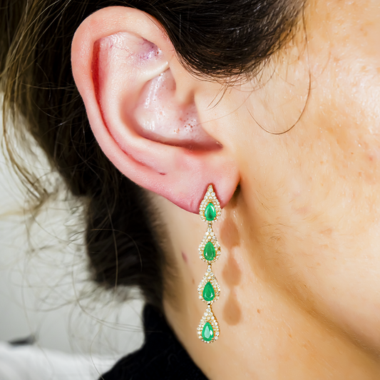 14K Yellow Gold Emerald & Round Diamond Drop Earrings 2.64ctw