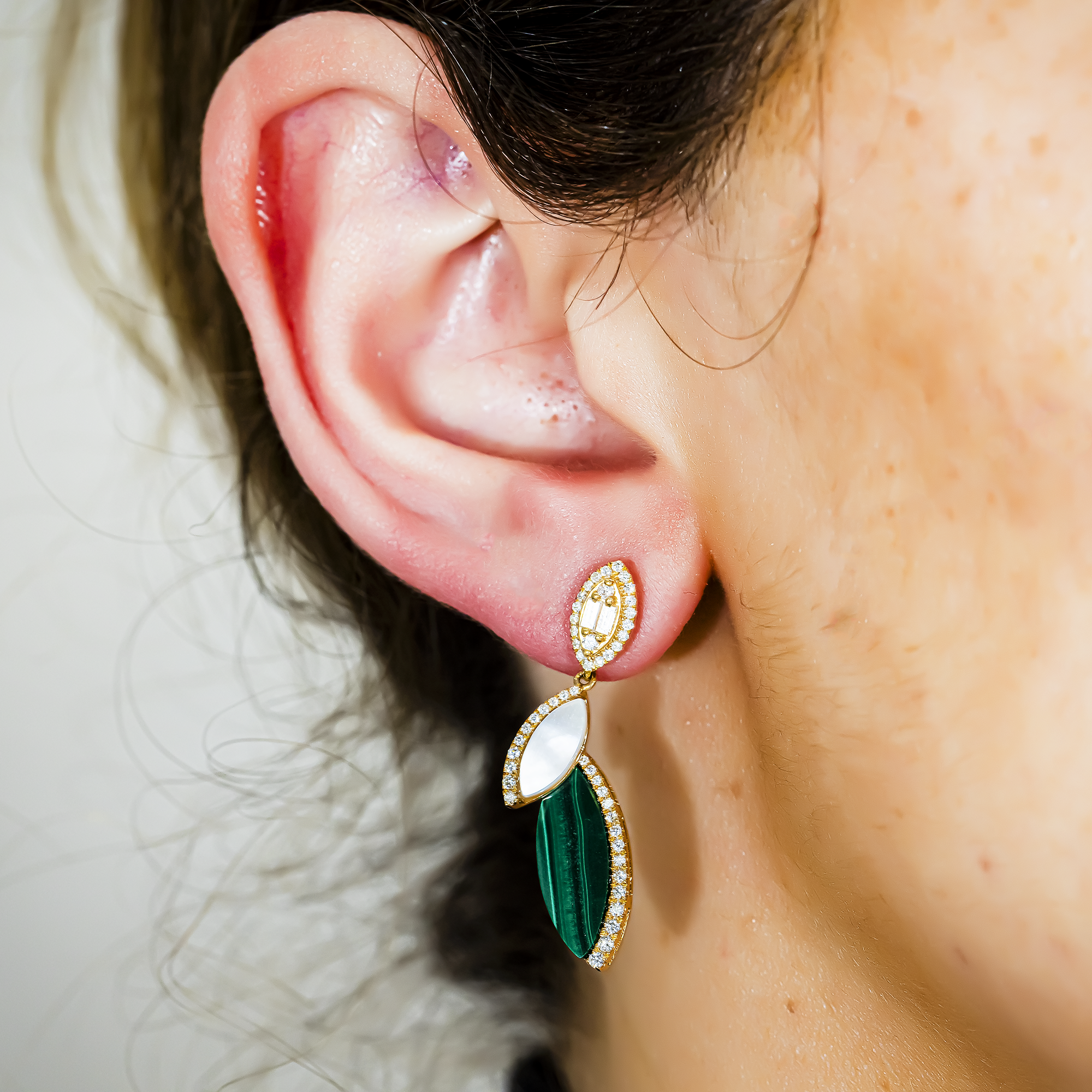 18K Yellow Gold Mother of Pearl/Malachite & Diamond Drop Earrings 0.45ctw