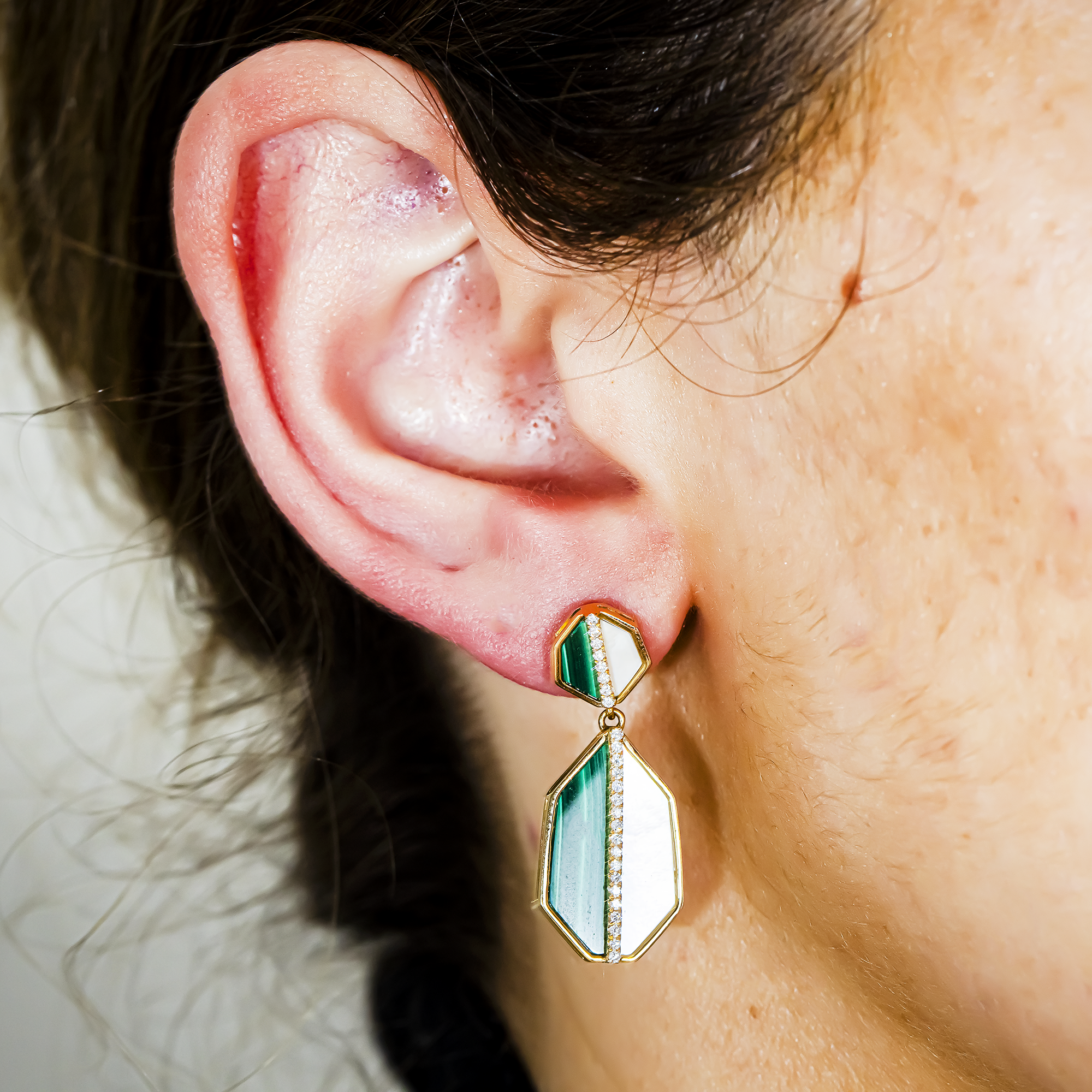 14K Yellow Gold Mother of Pearl/Malachite & Diamond Drop Earrings 0.25ctw
