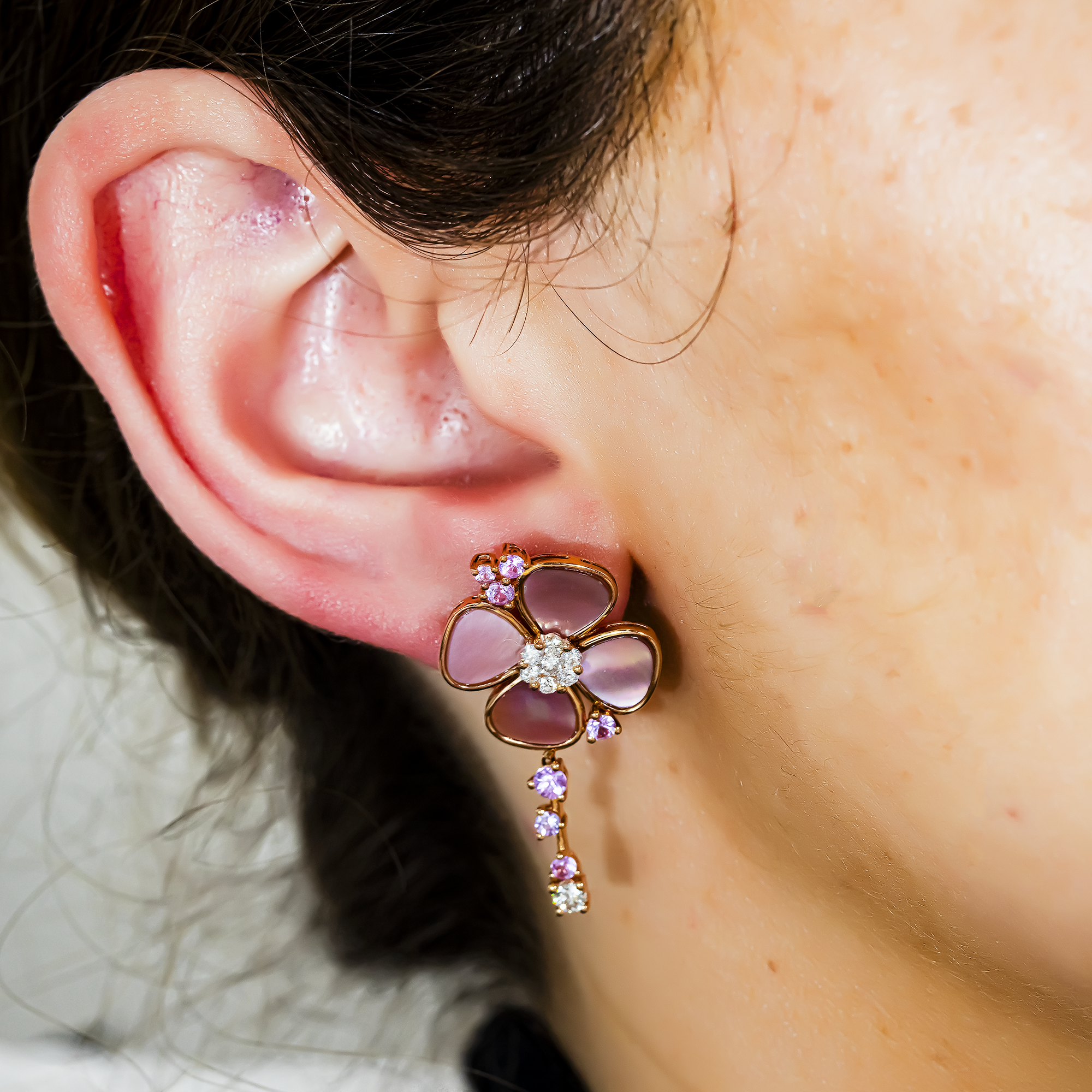 18K Rose Gold Pink Mother of Pearl/Sapphire & Diamond Flower Drop Earrings 0.52ctw