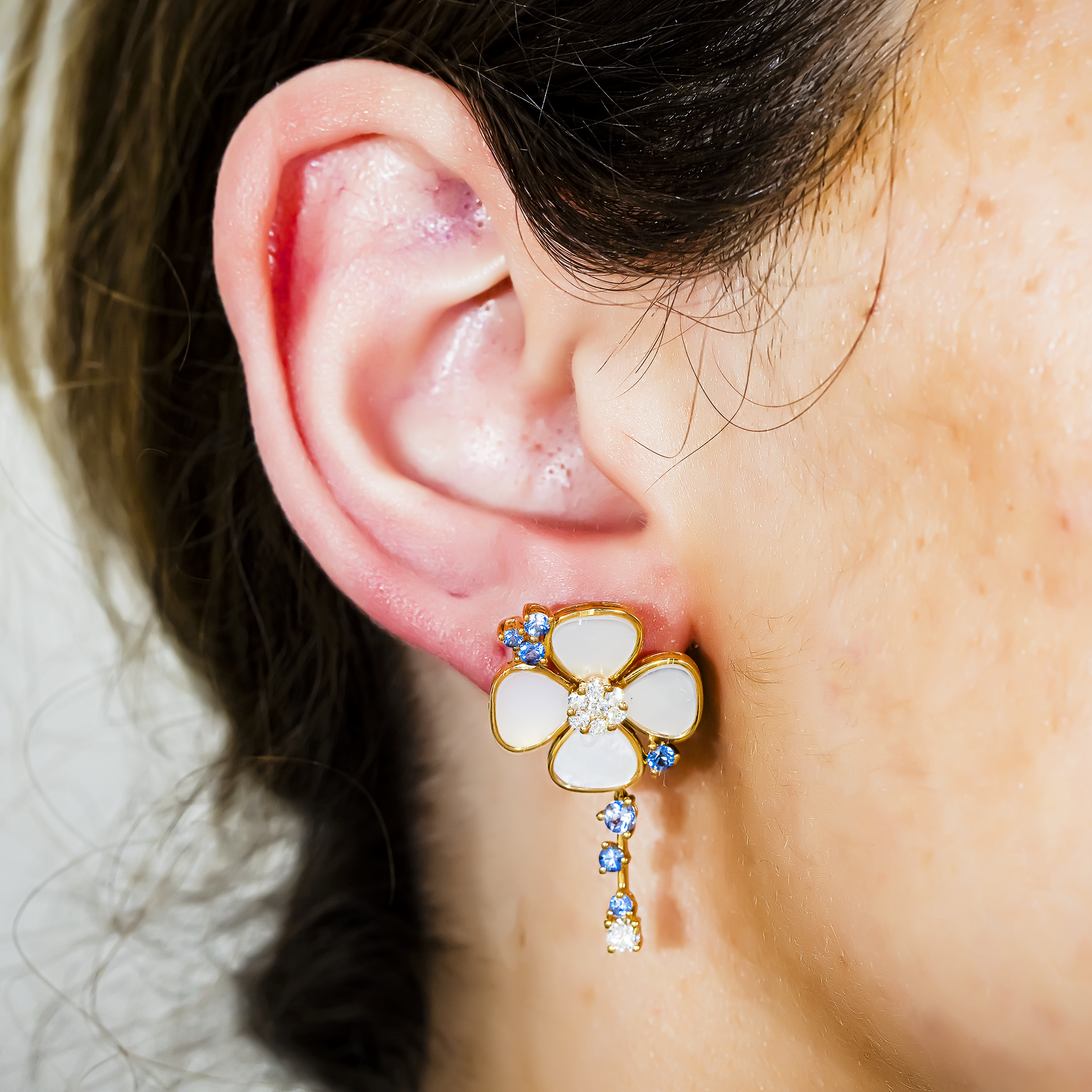 18K Yellow Gold Mother of Pearl/Blue Sapphire & Diamond Flower Drop Earrings 0.52ctw