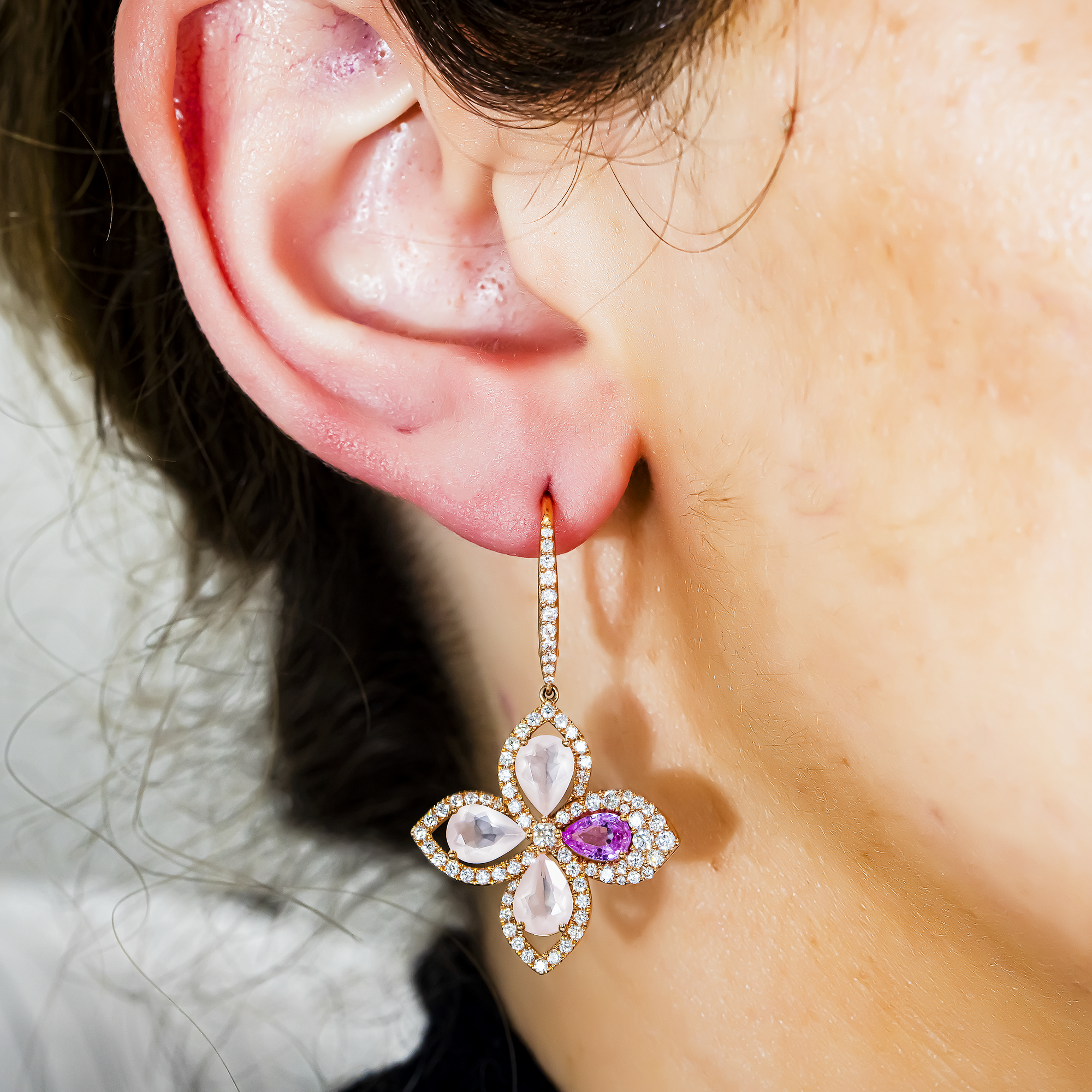 18K Rose Gold Pink Sapphire/Quartz & Diamond Flower Drop Earrings 1.30ctw