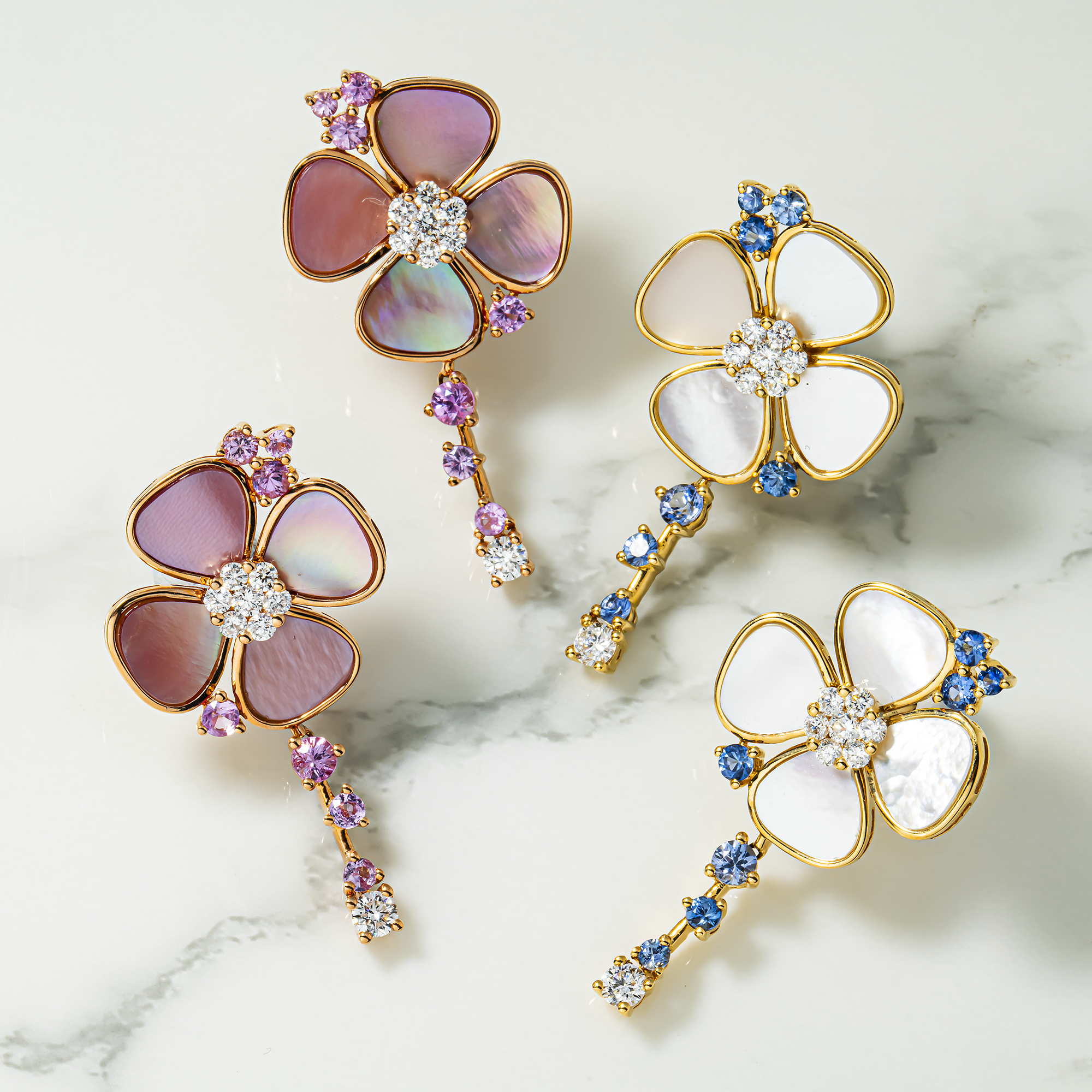 18K Rose Gold Pink Mother of Pearl/Sapphire & Diamond Flower Drop Earrings 0.52ctw