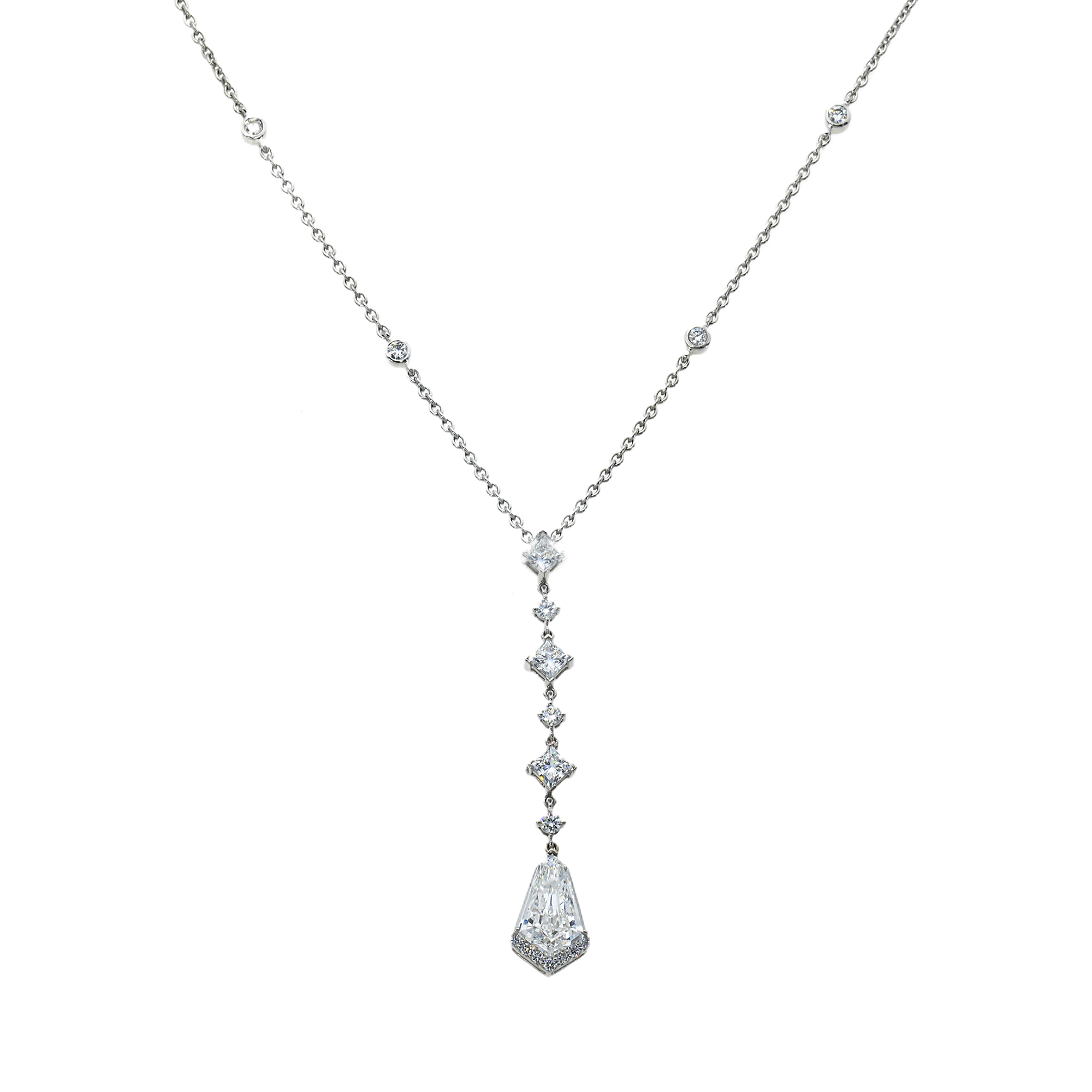 14K White Gold Kite & Princess Cut Diamond Drop Necklace 6.09Ct Necklace