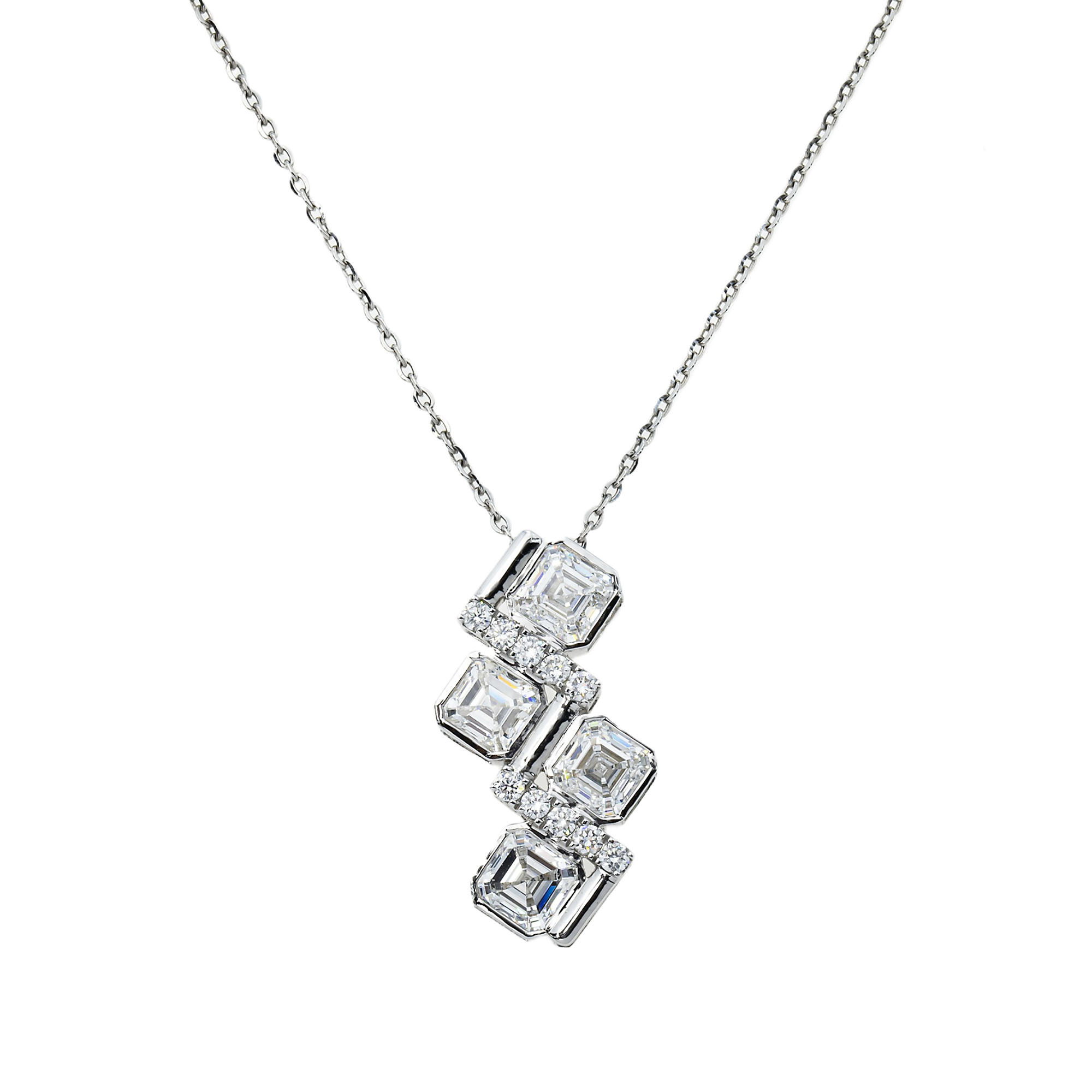 14K White Gold Round & Asscher Cut Diamond Pendant Chain Necklace 4.11Ct Necklace