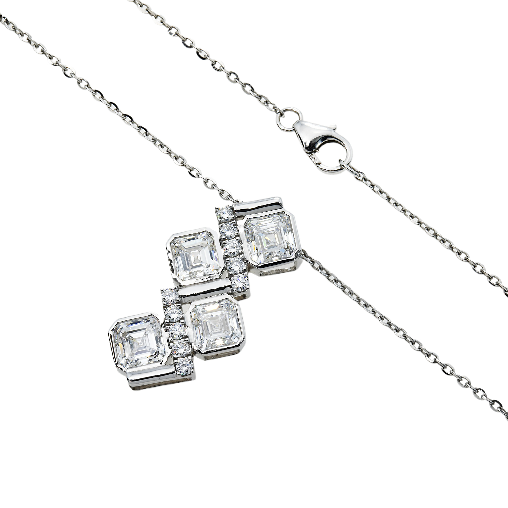 14K White Gold Round & Asscher Cut Diamond Pendant Chain Necklace 4.11Ct Necklace