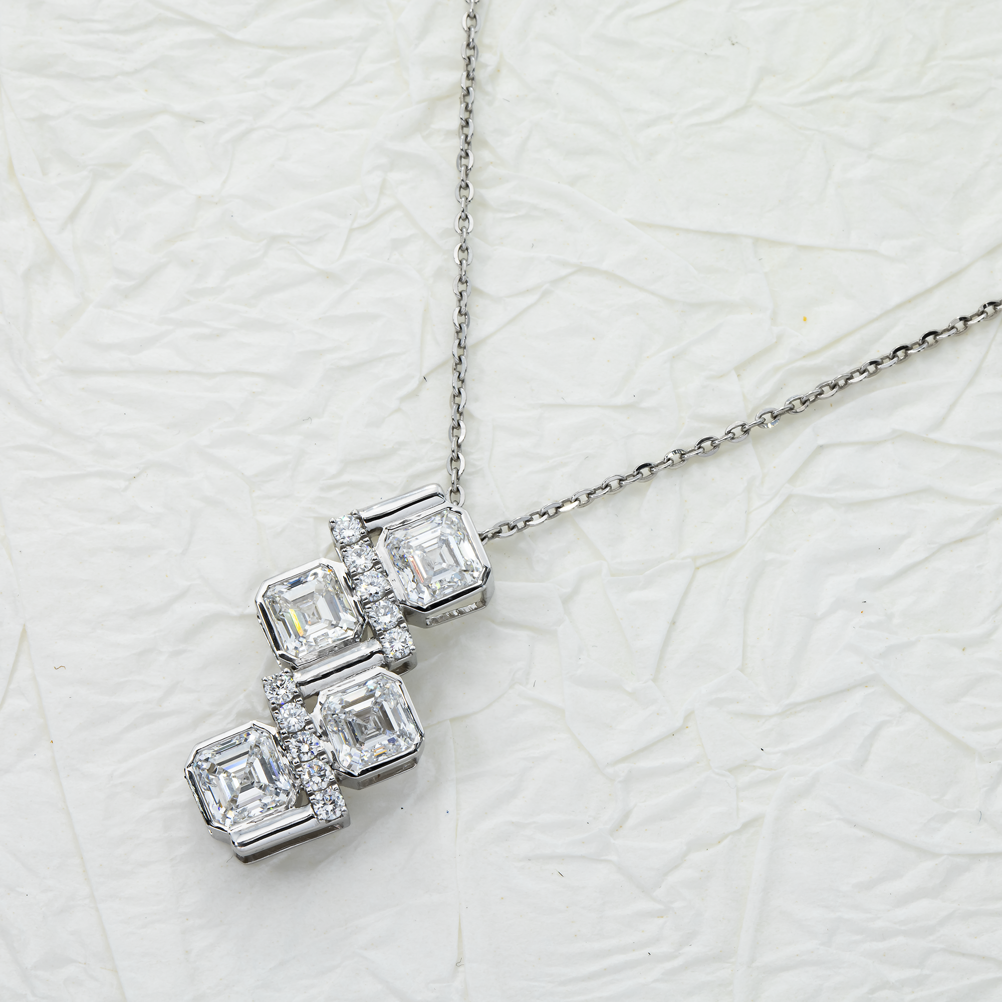 14K White Gold Round & Asscher Cut Diamond Pendant Chain Necklace 4.11Ct Necklace