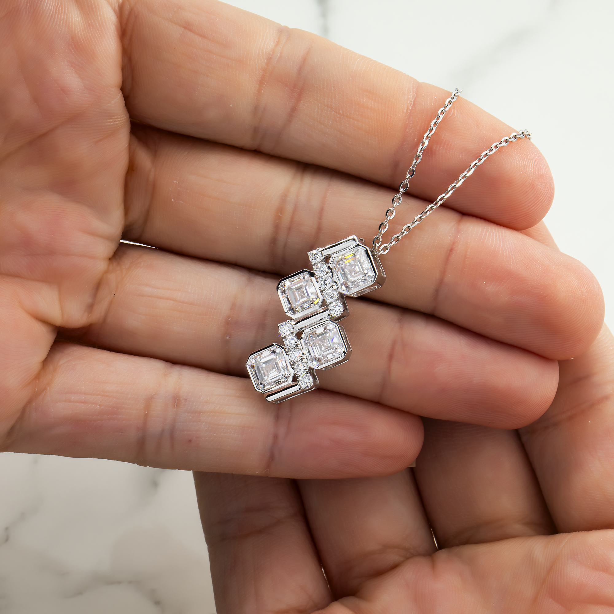 14K White Gold Round & Asscher Cut Diamond Pendant Chain Necklace 4.11Ct Necklace