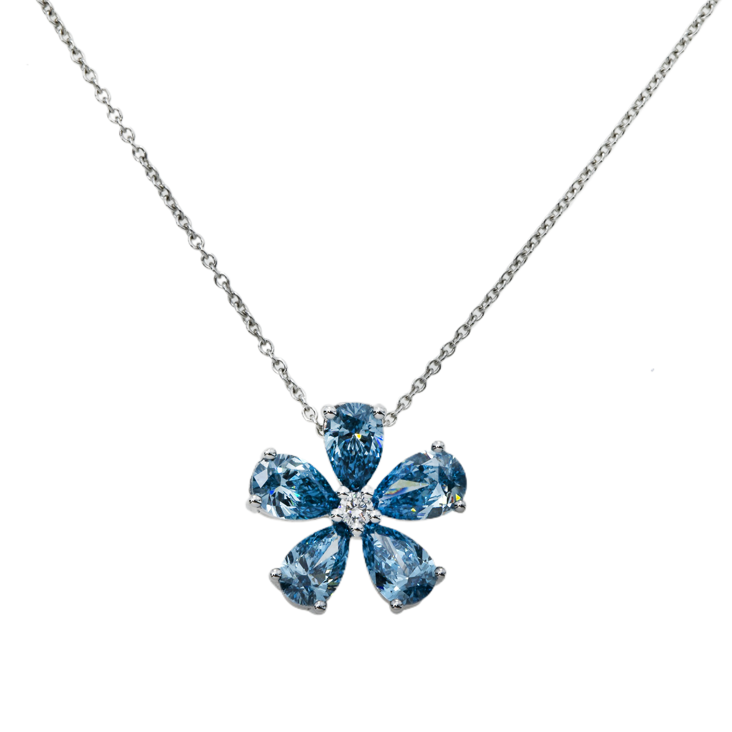 14K & 18K White Gold Pear Cut Blue Diamond Flower Necklace 1.34Ct Pendant