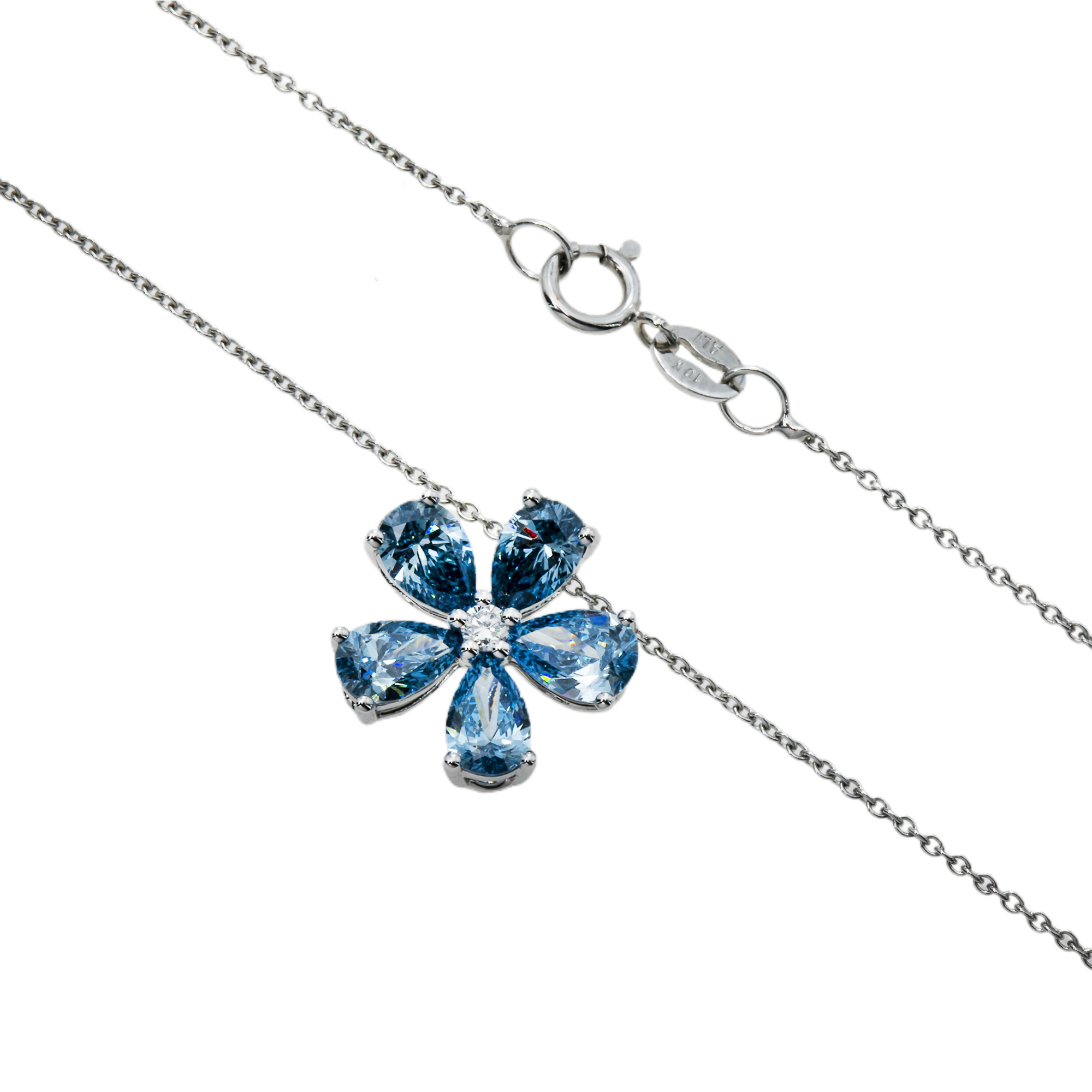 14K & 18K White Gold Pear Cut Blue Diamond Flower Necklace 1.34Ct Pendant