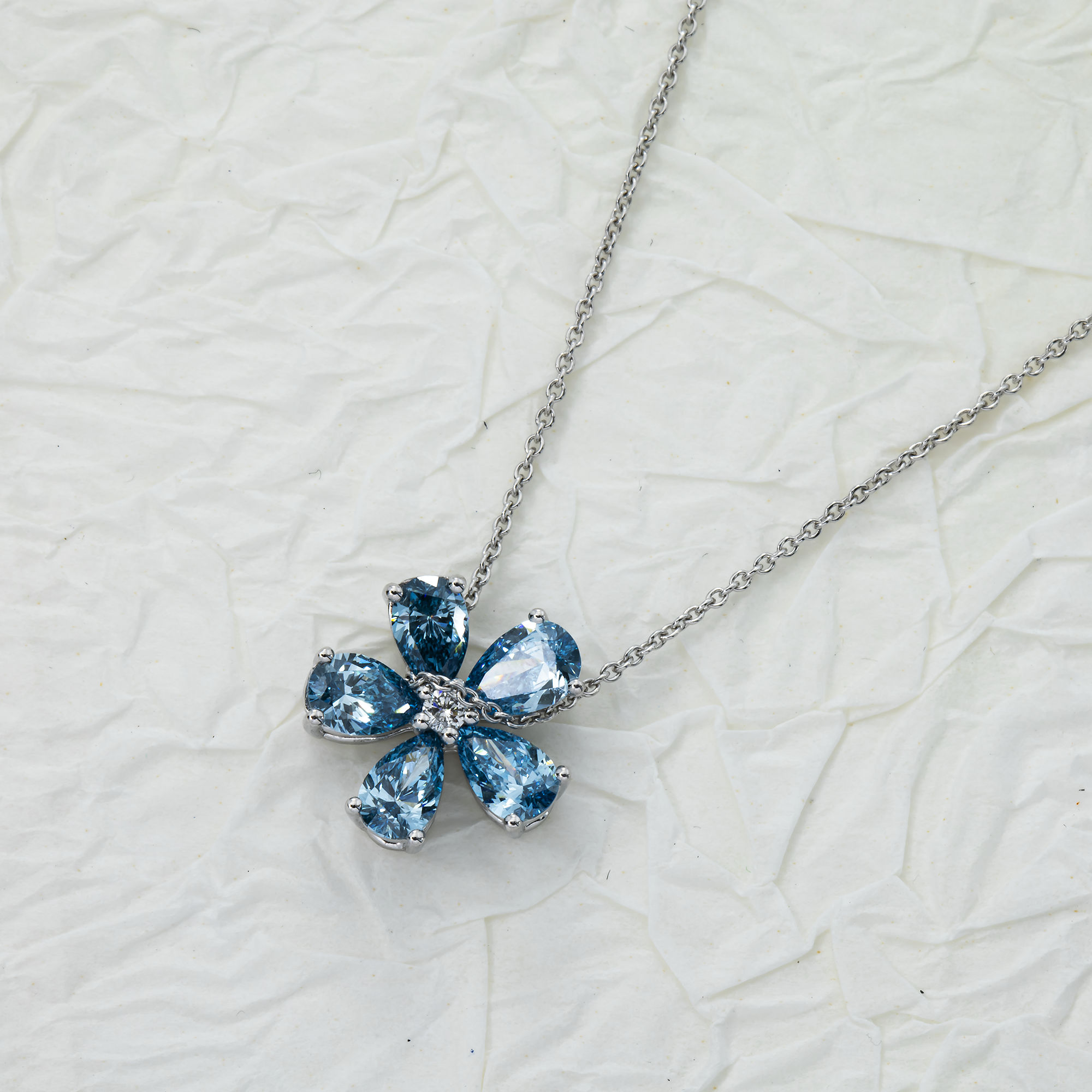 14K & 18K White Gold Pear Cut Blue Diamond Flower Necklace 1.34Ct Pendant