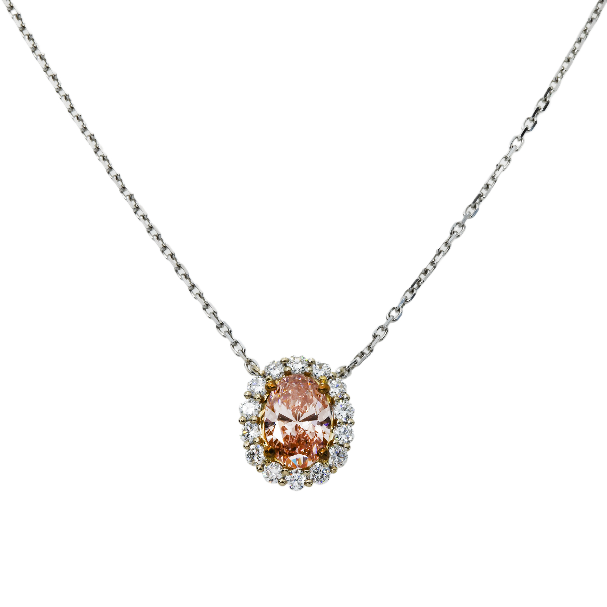18K White Gold Oval Cut Fancy Pink Diamond Necklace 1.38Ct Necklace
