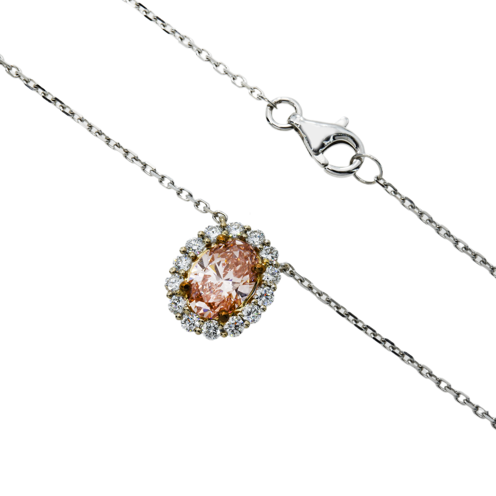 18K White Gold Oval Cut Fancy Pink Diamond Necklace 1.38Ct Necklace