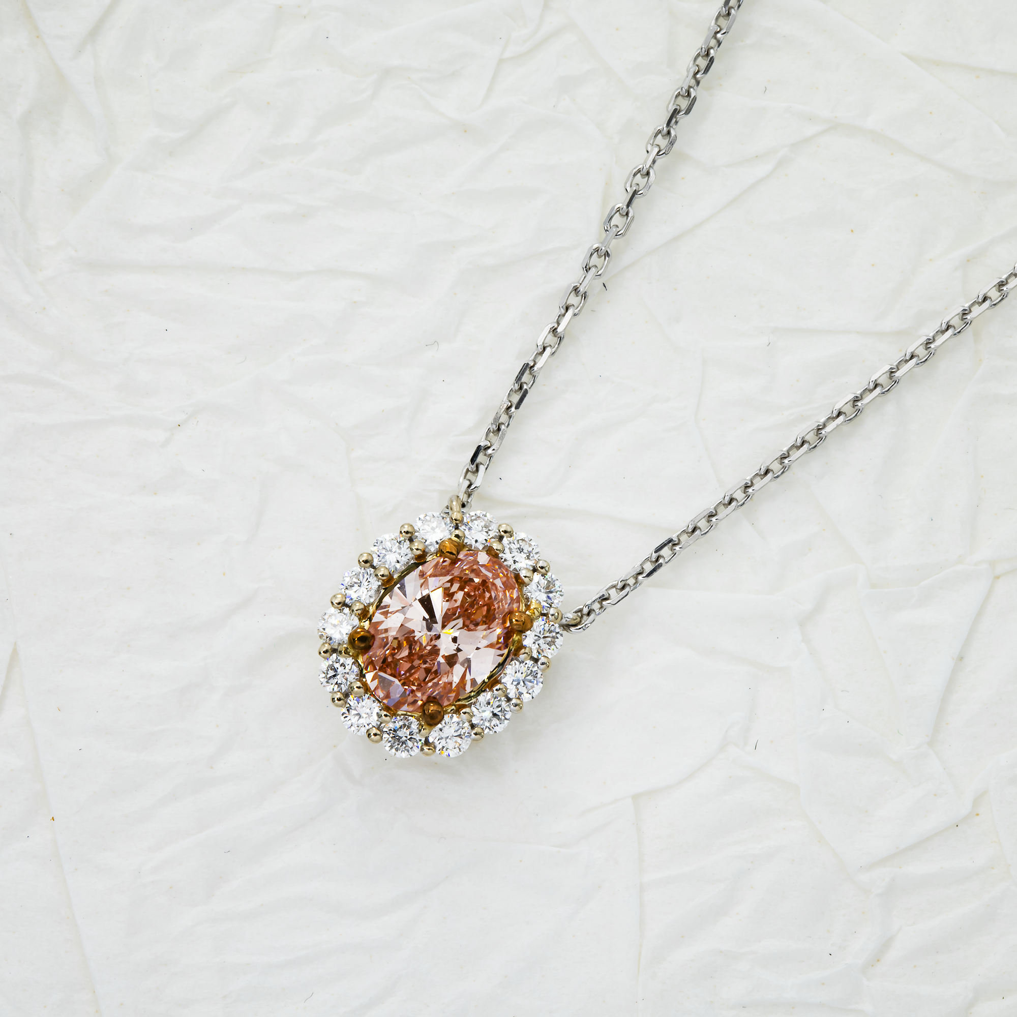 18K White Gold Oval Cut Fancy Pink Diamond Necklace 1.38Ct Necklace