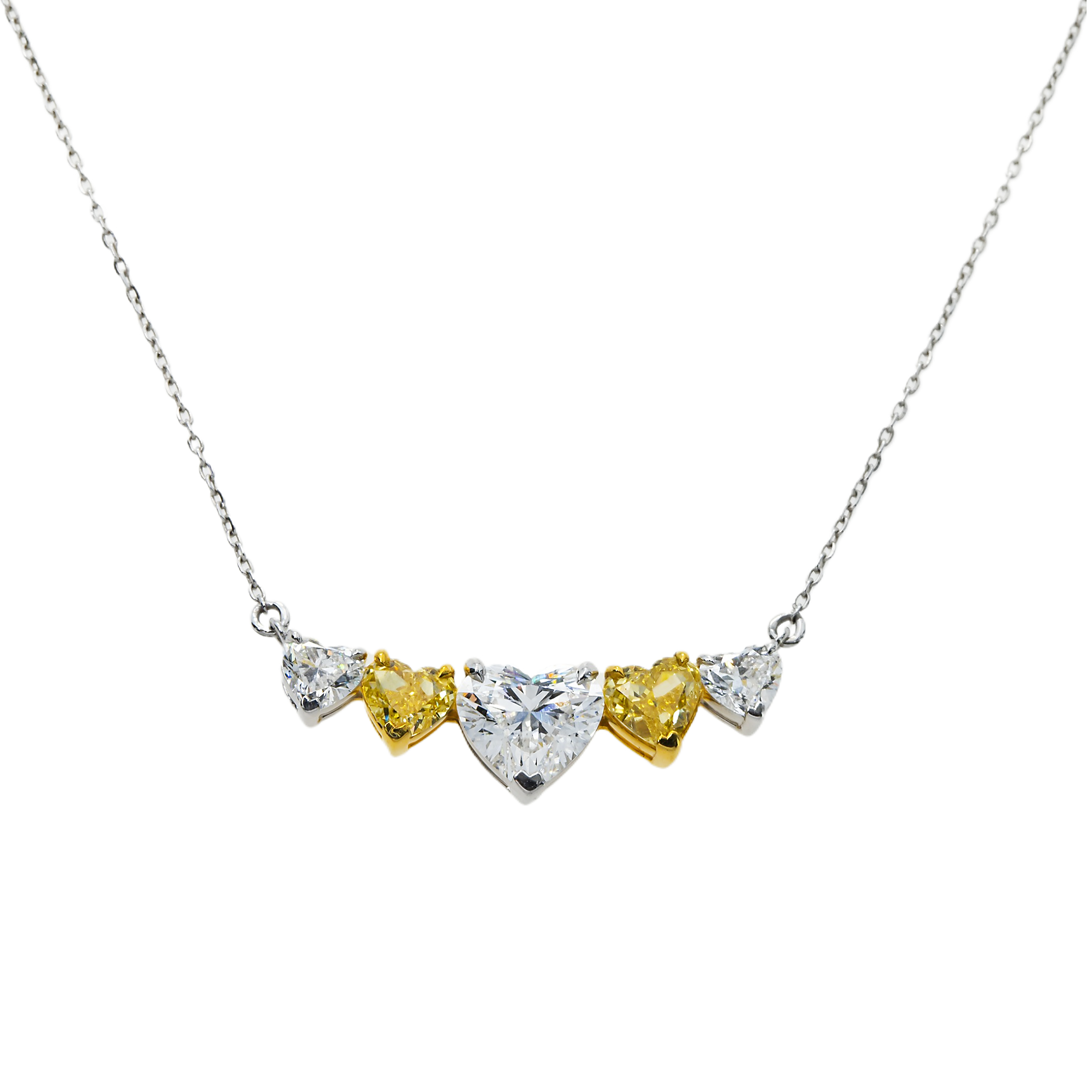 14K Two Tone Heart Cut White & Fancy Yellow Diamond Bar Necklace 3.20Ct Necklace