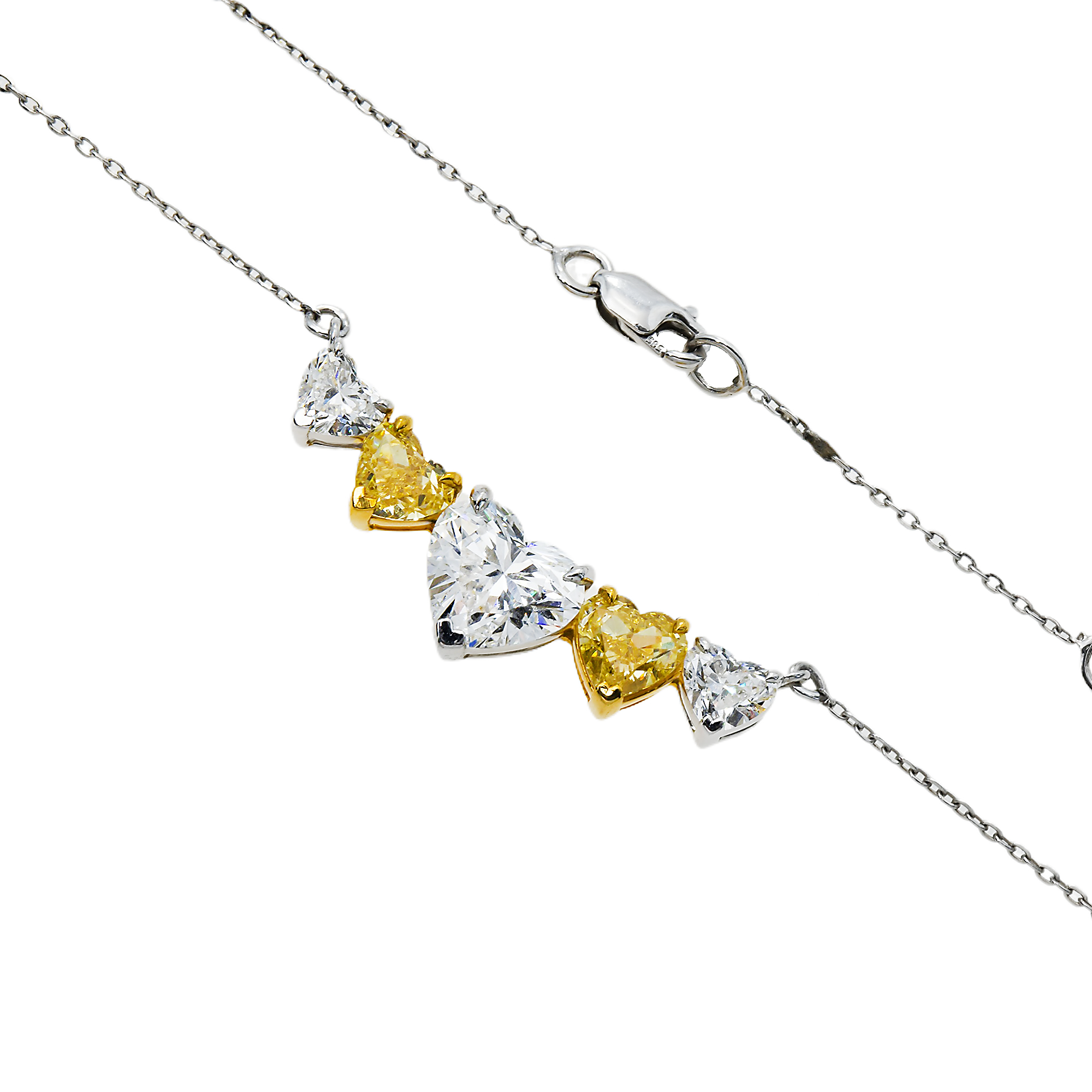 14K Two Tone Heart Cut White & Fancy Yellow Diamond Bar Necklace 3.20Ct Necklace