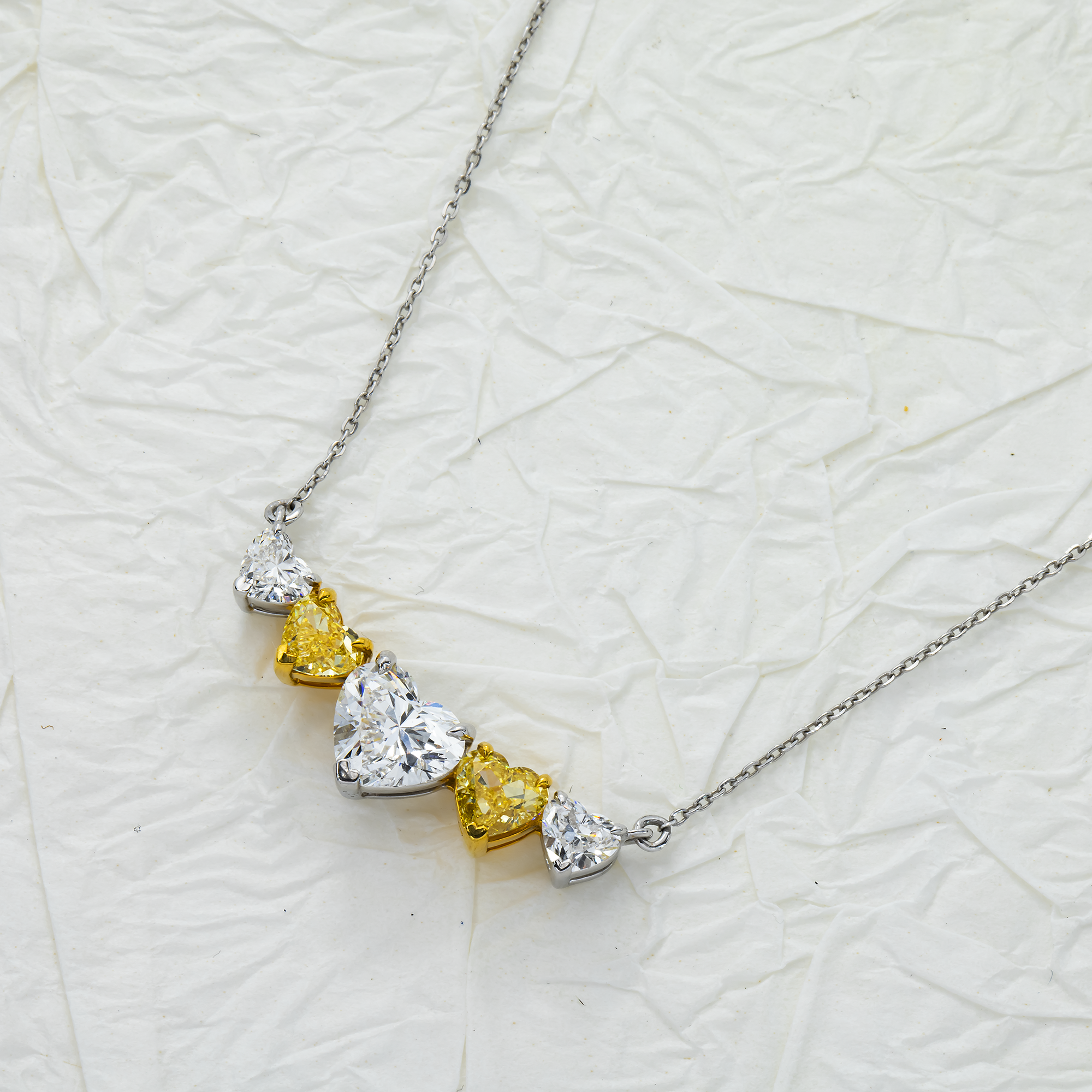 14K Two Tone Heart Cut White & Fancy Yellow Diamond Bar Necklace 3.20Ct Necklace