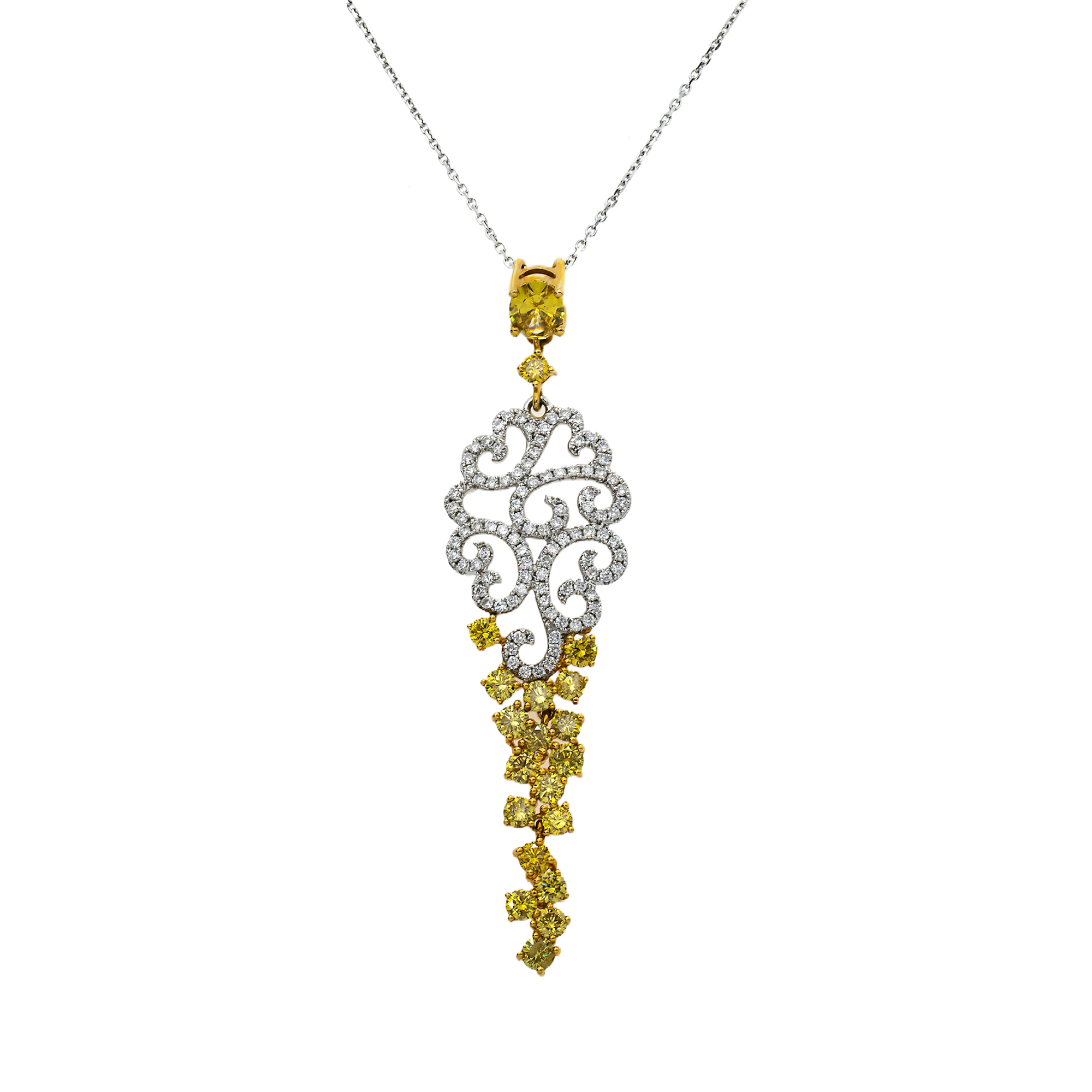 14K Two Tone Round Cut White & Fancy Yellow Diamond Pendant Necklace 2.78Ct Necklace