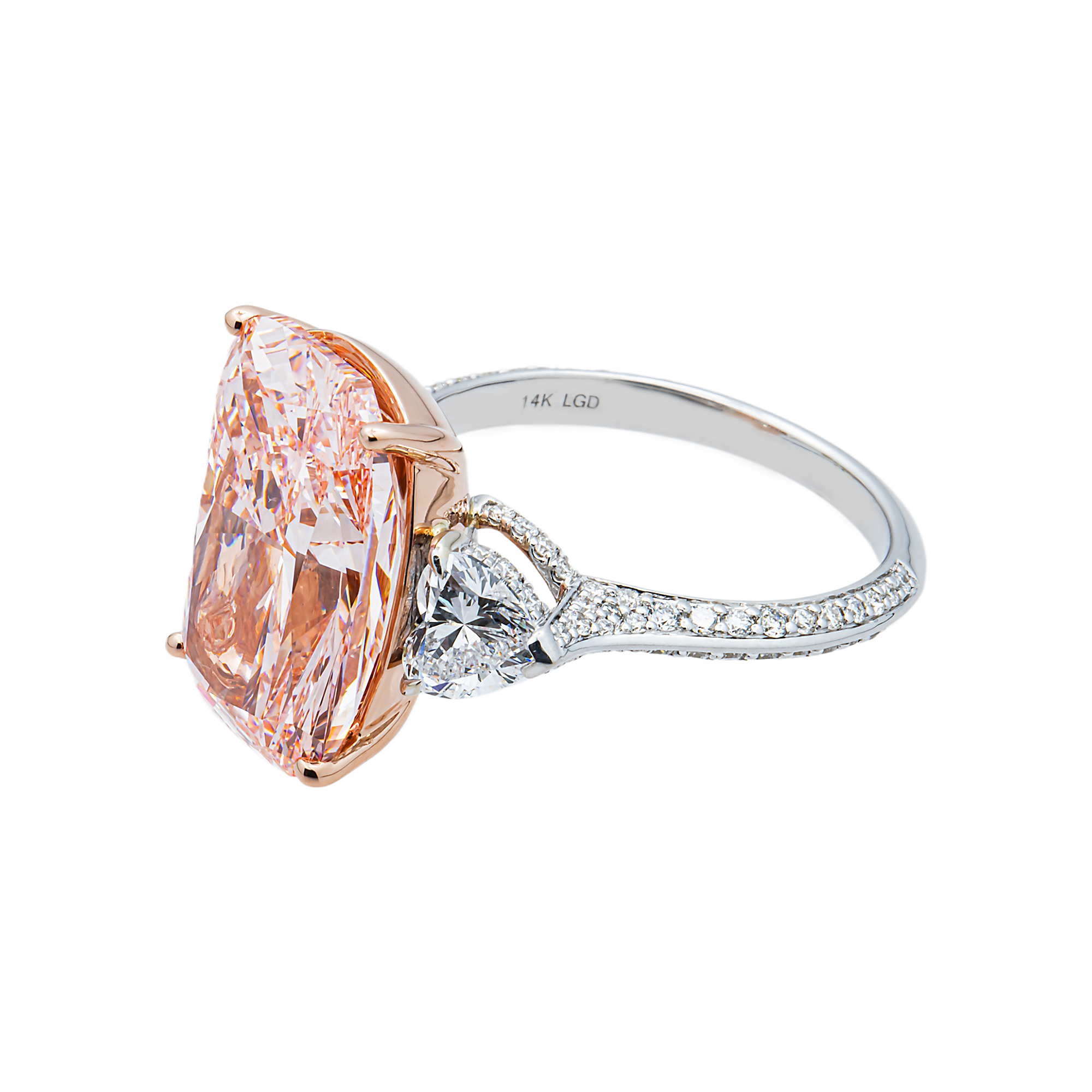 14K White Gold 13.54ct Radiant Fancy Pink & White Diamond Ring 15.65ctw