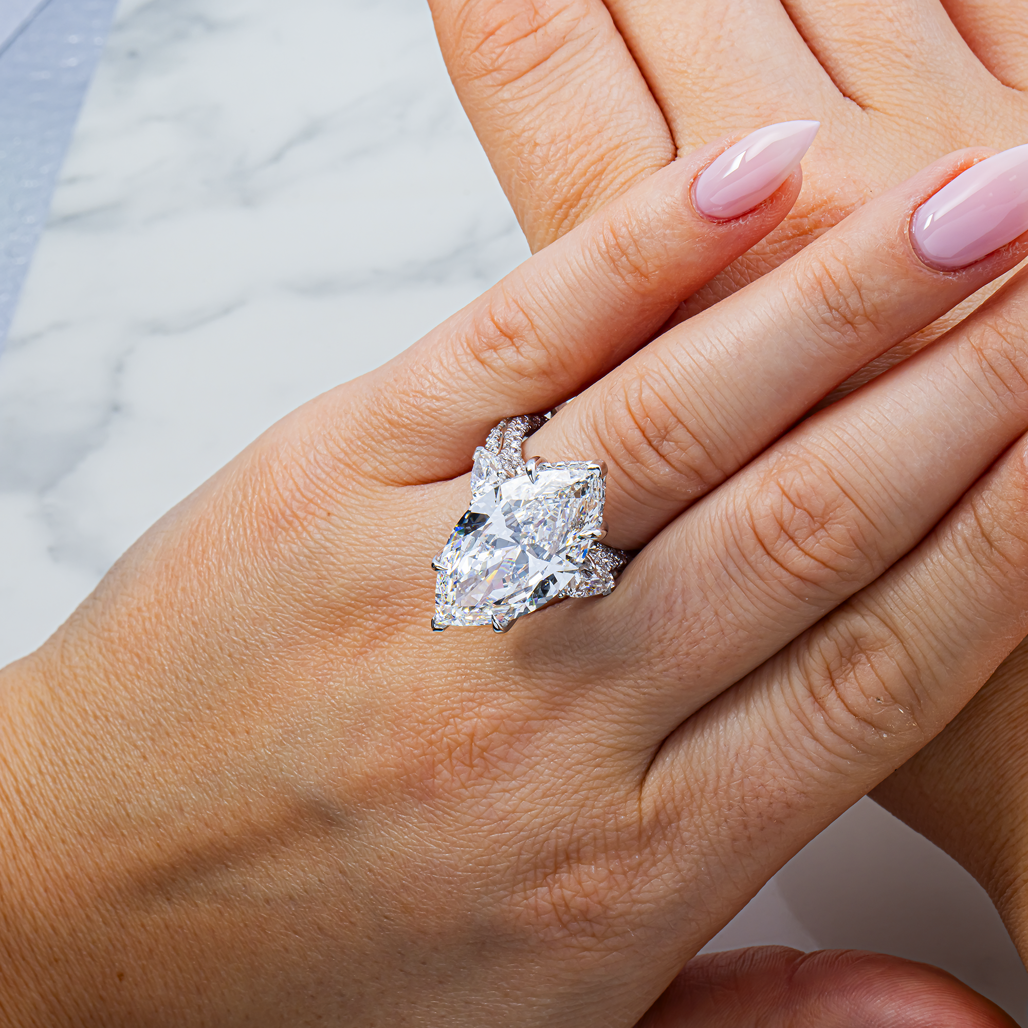 14K White Gold 14.08ct Marquise Diamond Engagement Ring 18.08ctw
