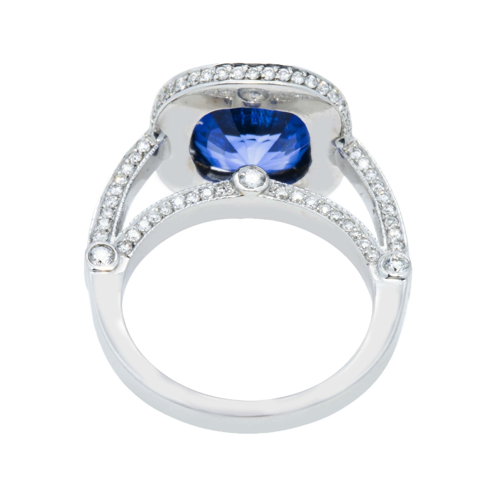 18K White Gold 5.01Ct Cushion Cut Sapphire Gemstone Ring 6.01Ctw Bridal