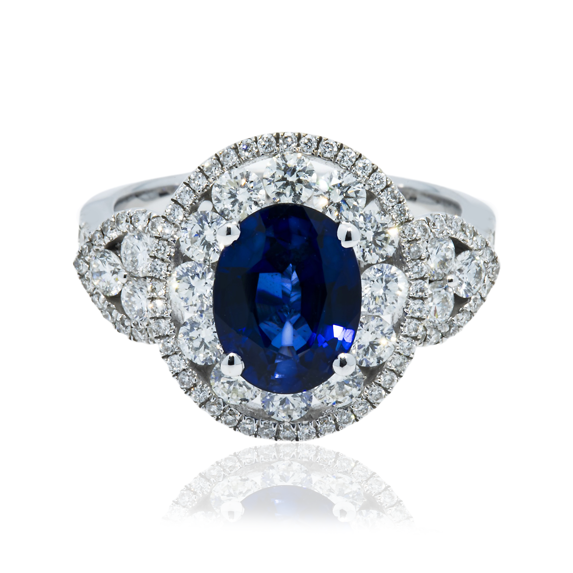 18K White Gold 2.18Ct Oval Cut Sapphire Gemstone & Diamond Ring 3.64Ctw Bridal