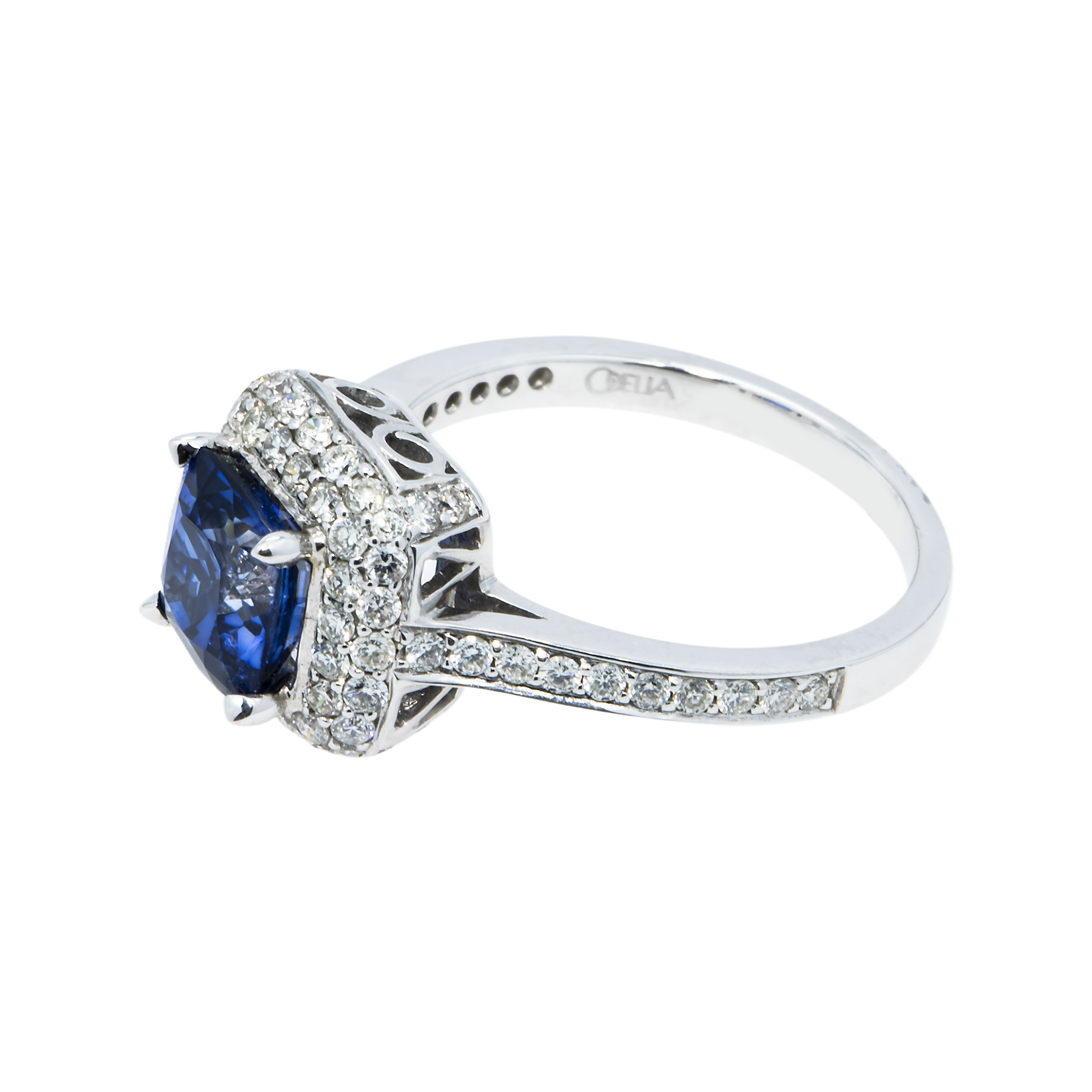 18K White Gold 2.44Ct Cushion Cut Sapphire Gemstone & Diamond Ring 3.33Ctw Bridal