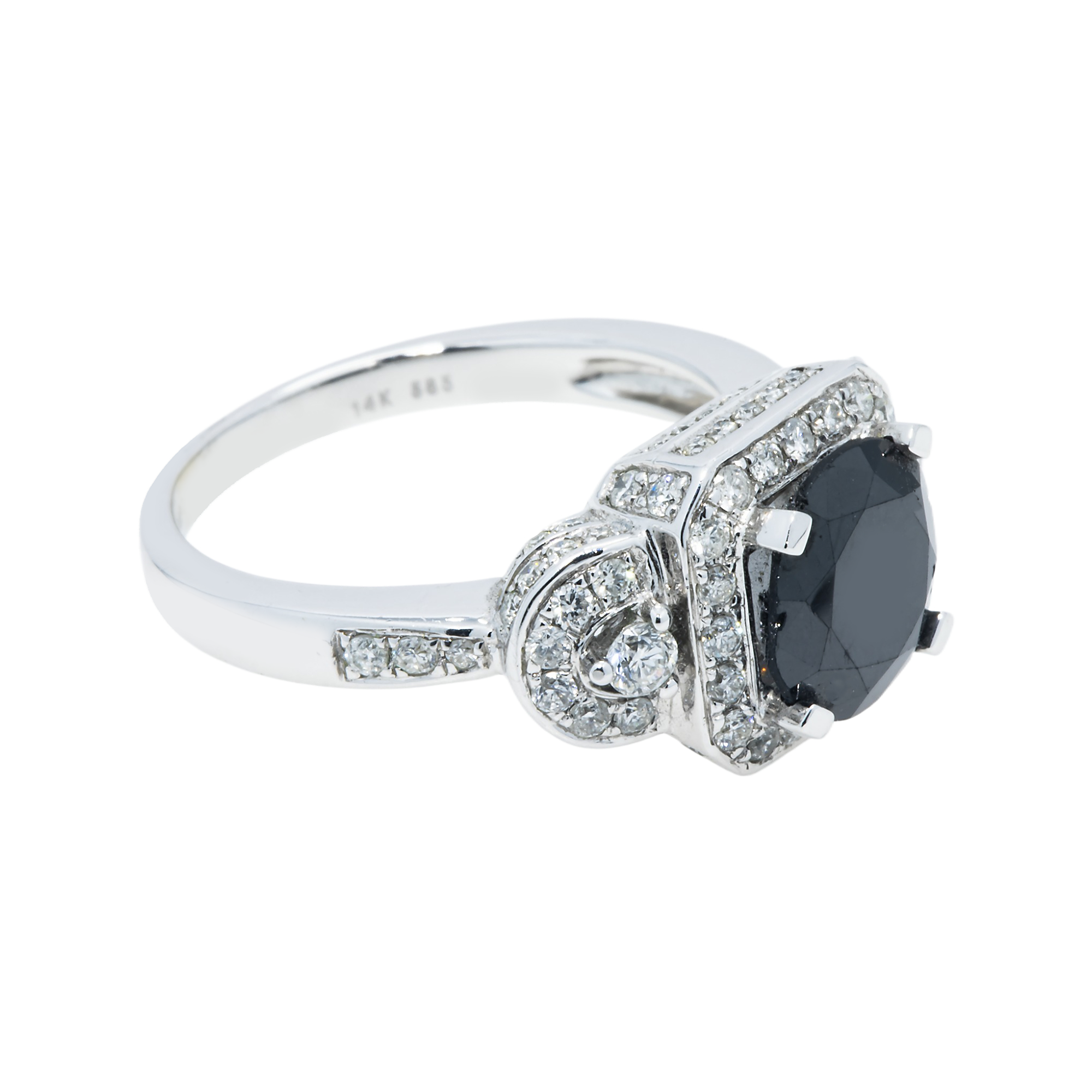 14K White Gold 2.82Ct Round Cut Black Diamond Ring 3.74Ctw Bridal
