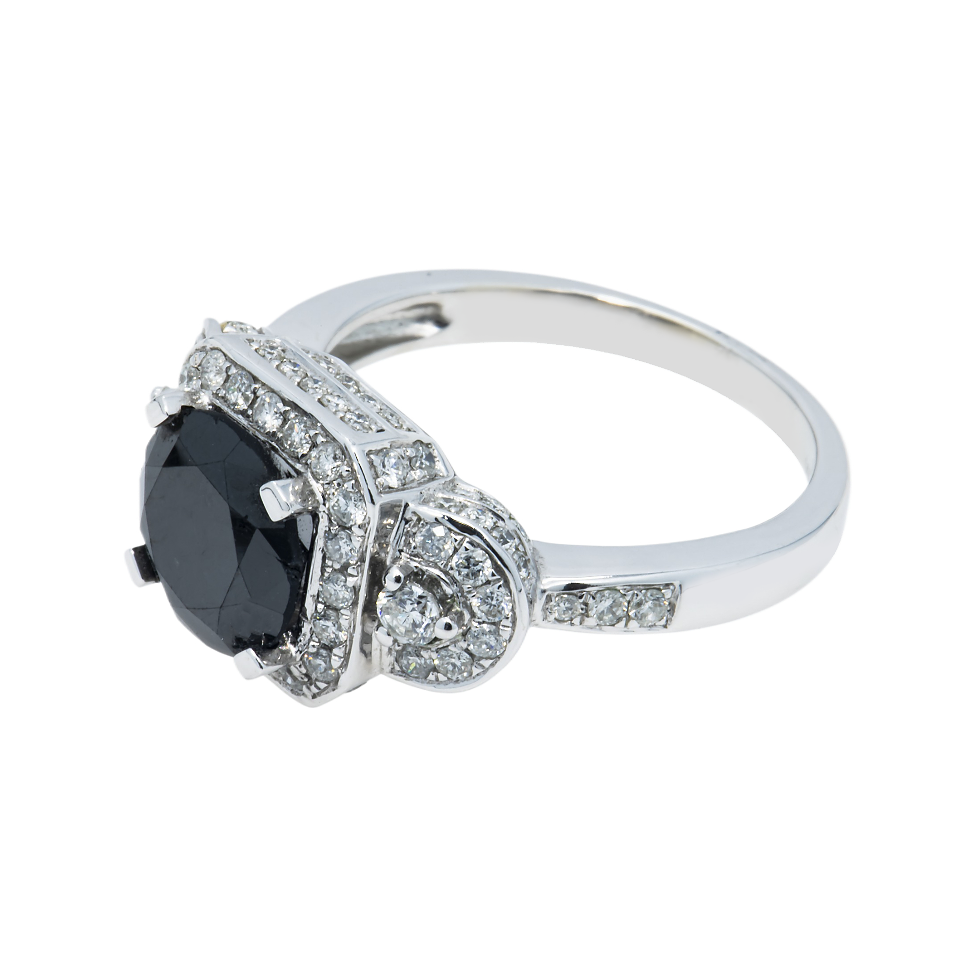 14K White Gold 2.82Ct Round Cut Black Diamond Ring 3.74Ctw Bridal