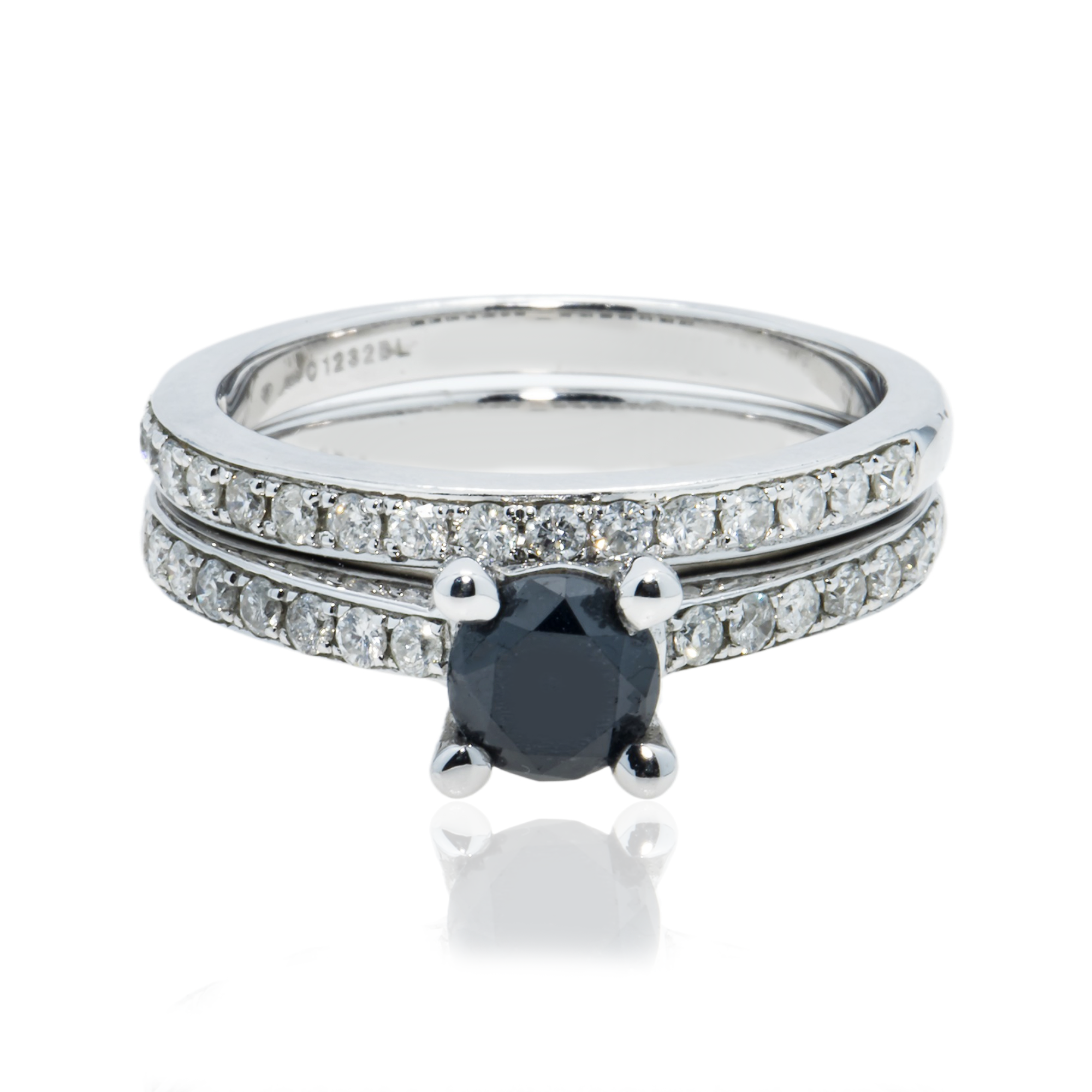 14K White Gold 0.92Ct Roud Cut Black Diamond Ring 1.45Ctw Bridal