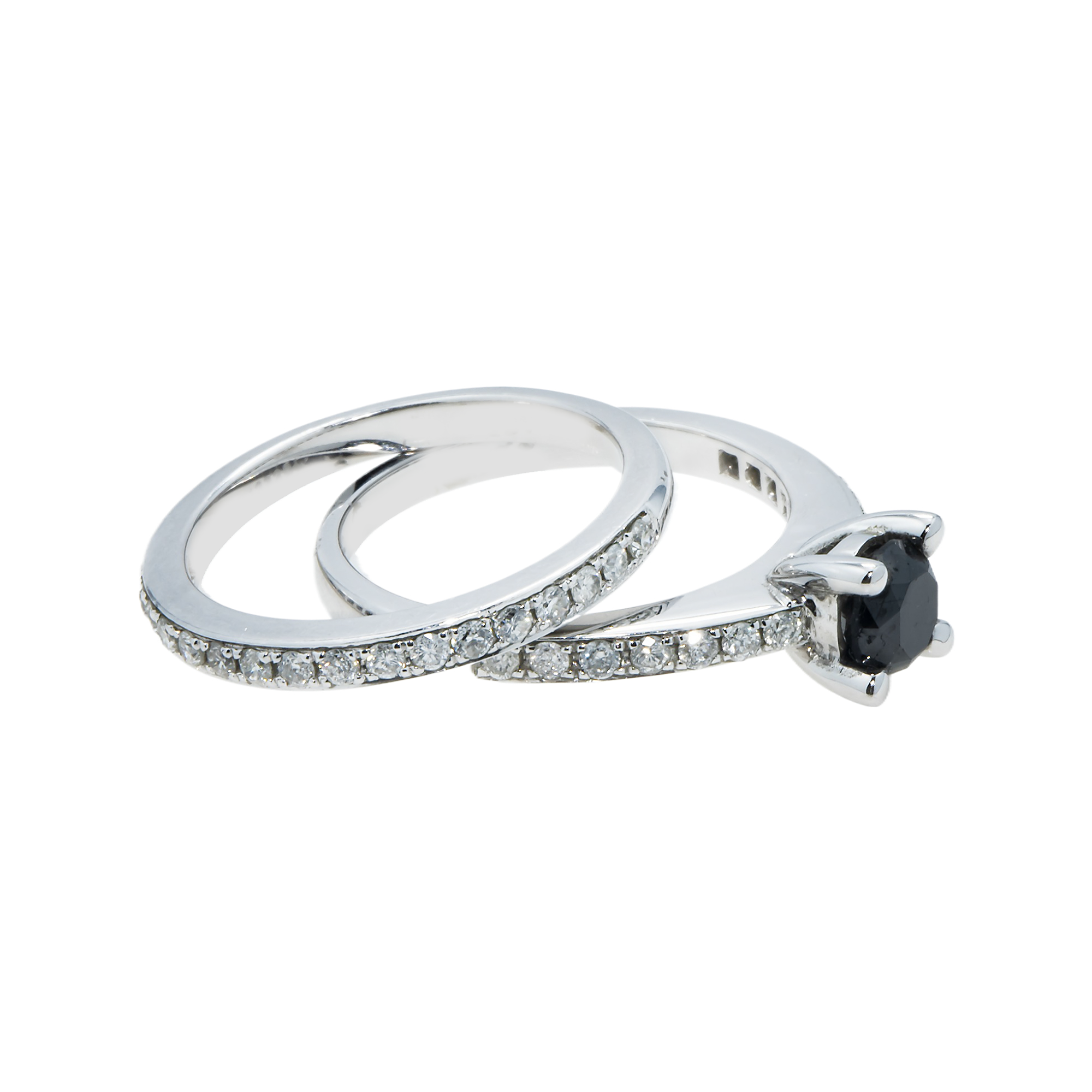 14K White Gold 0.92Ct Roud Cut Black Diamond Ring 1.45Ctw Bridal