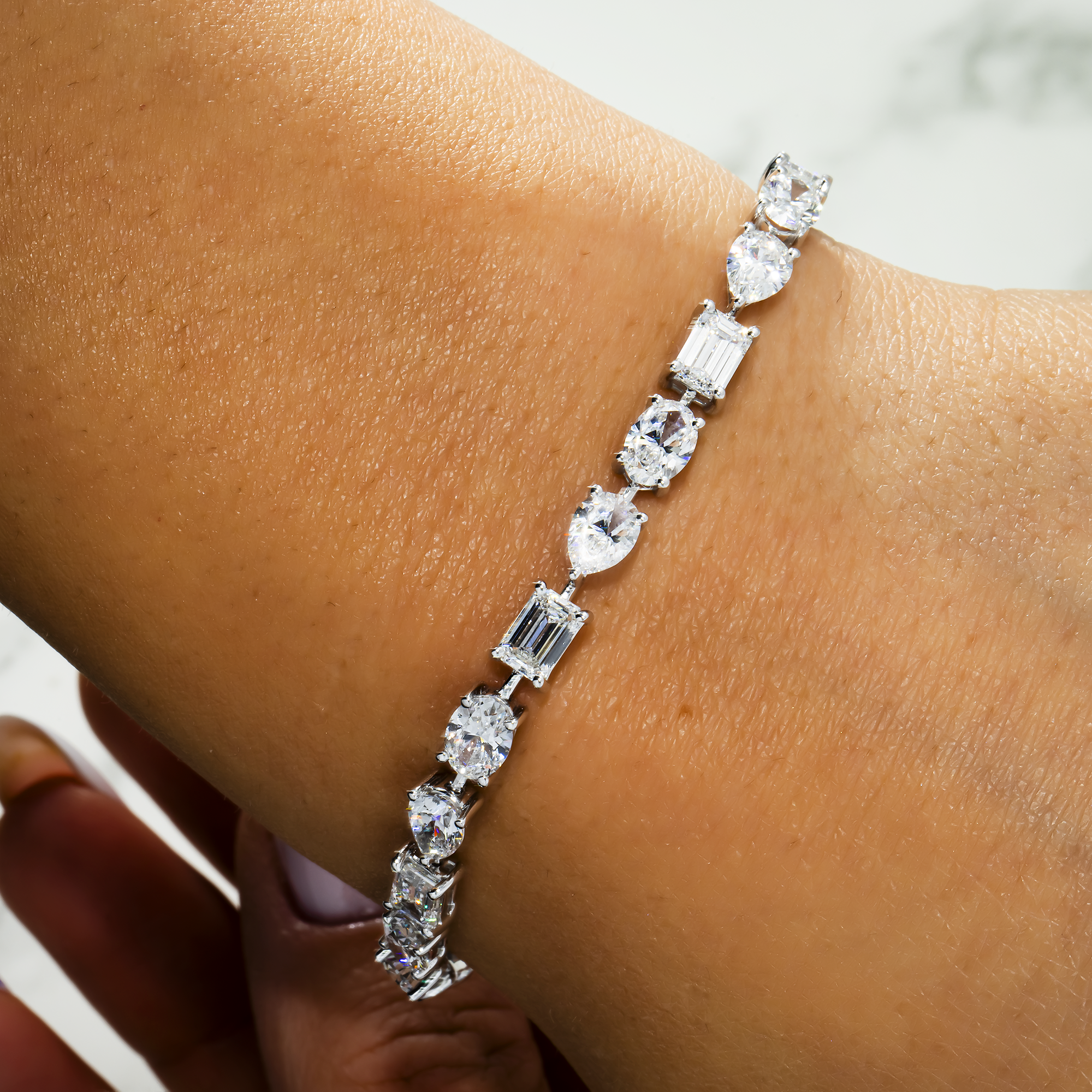 14K White Gold Pear, Oval & Emerald Cut Diamond Satellite Bracelet 11.0ct