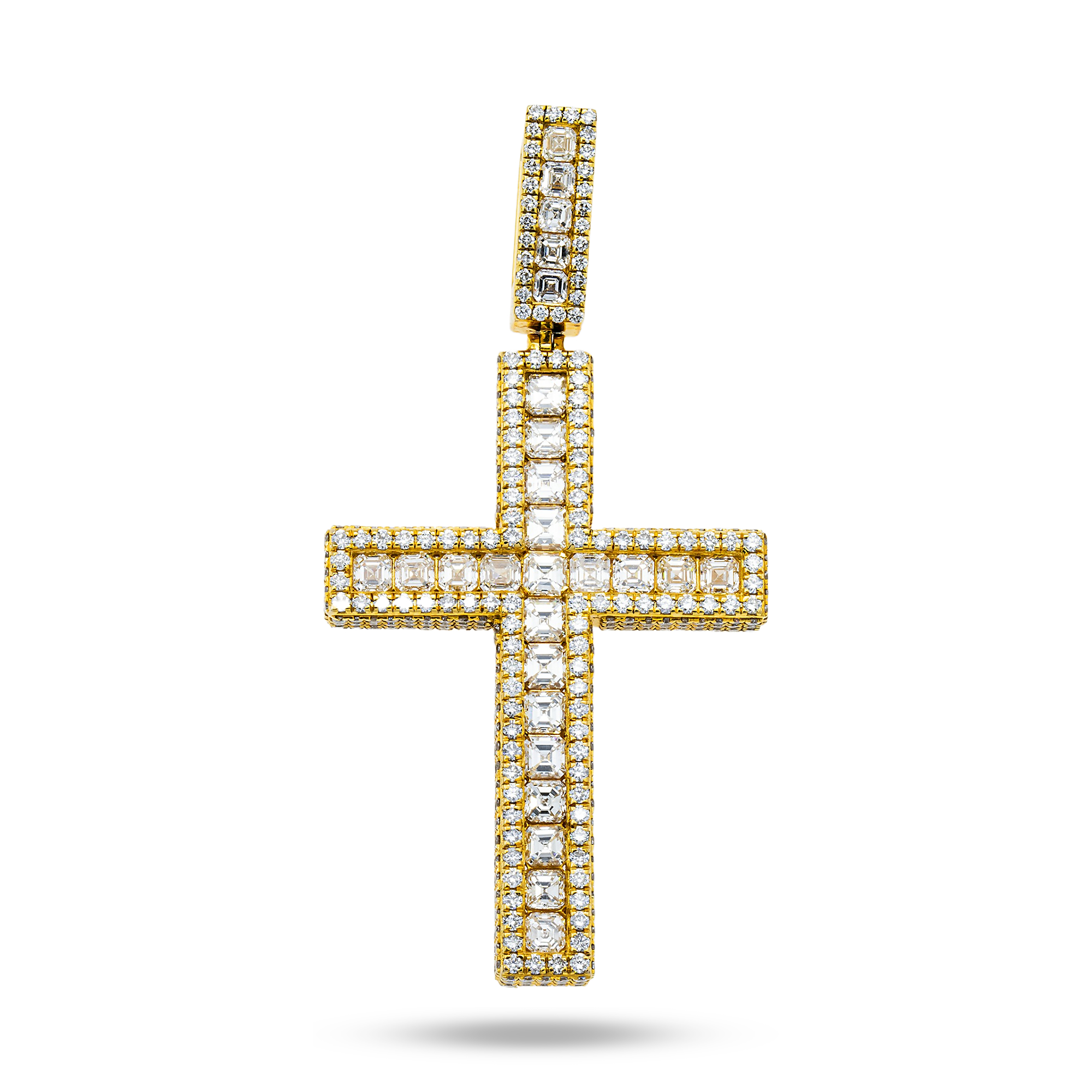 14K Yello2W Gold Triple Sided Round & Asscher Cut Diamond Cross Pendant 9.54Ct