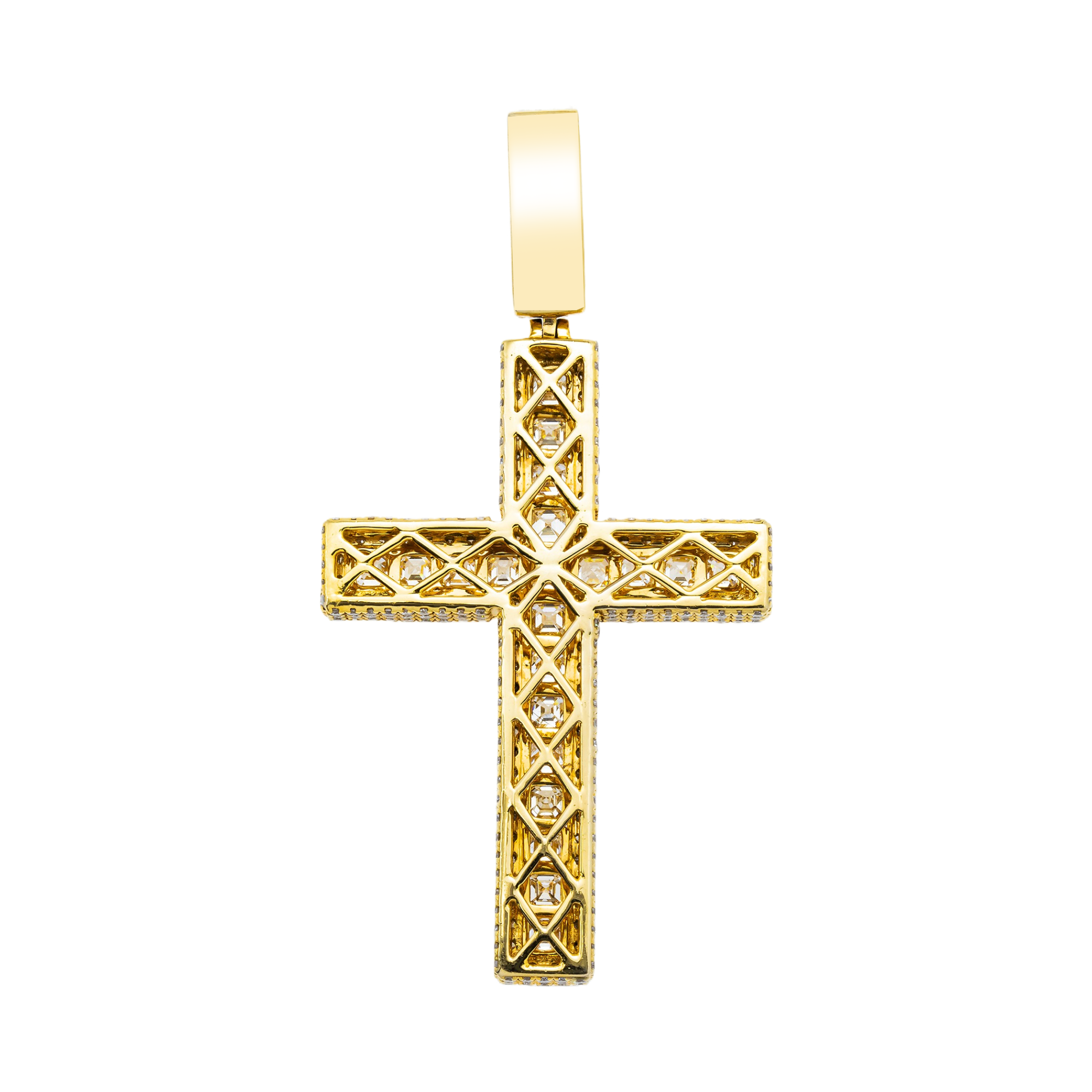 14K Yello2W Gold Triple Sided Round & Asscher Cut Diamond Cross Pendant 9.54Ct