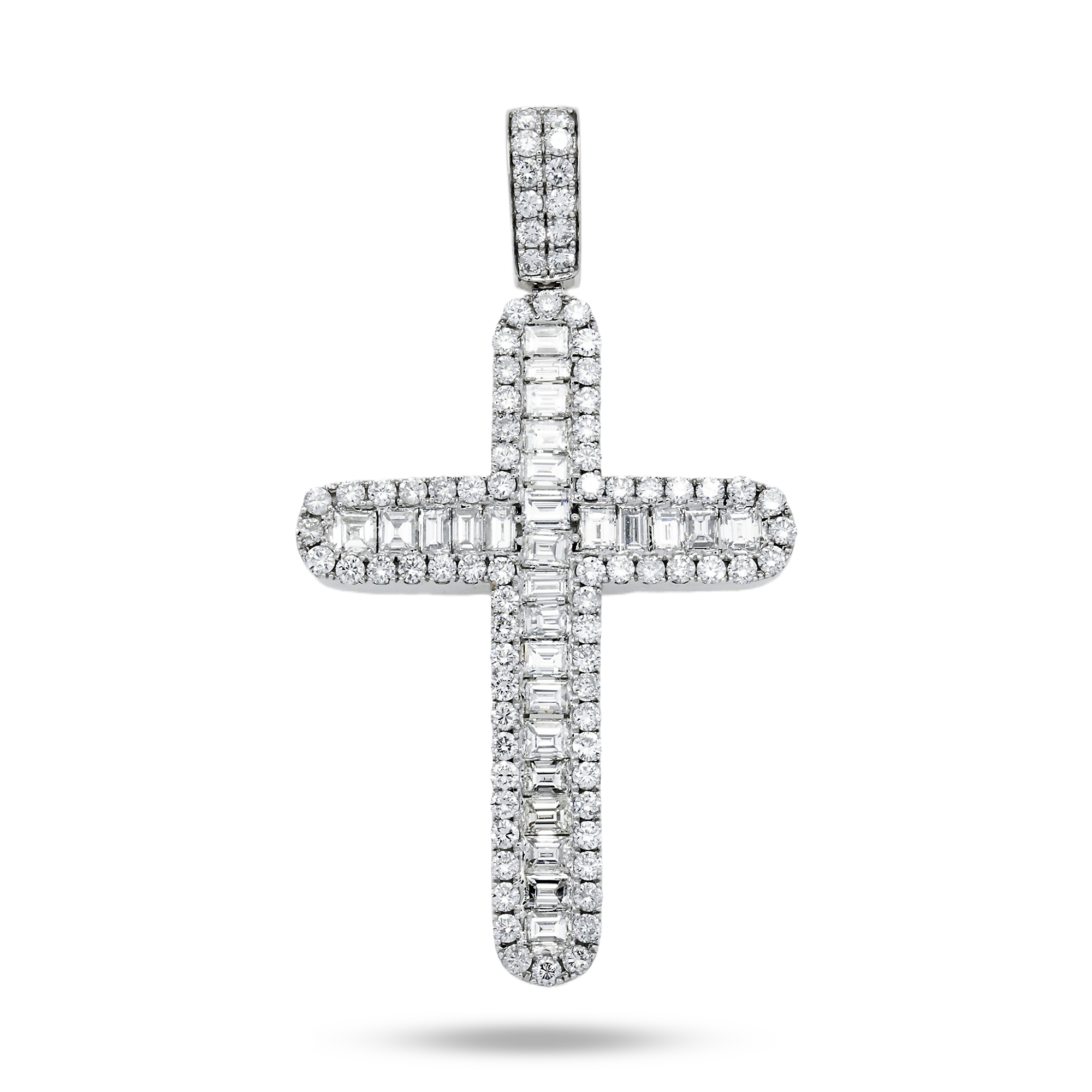 14K White Gold Emerald & Round Cut Diamond Cross Pendant 15.90Ct