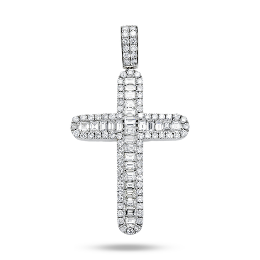 14K White Gold Emerald & Round Cut Diamond Cross Pendant 15.90ct