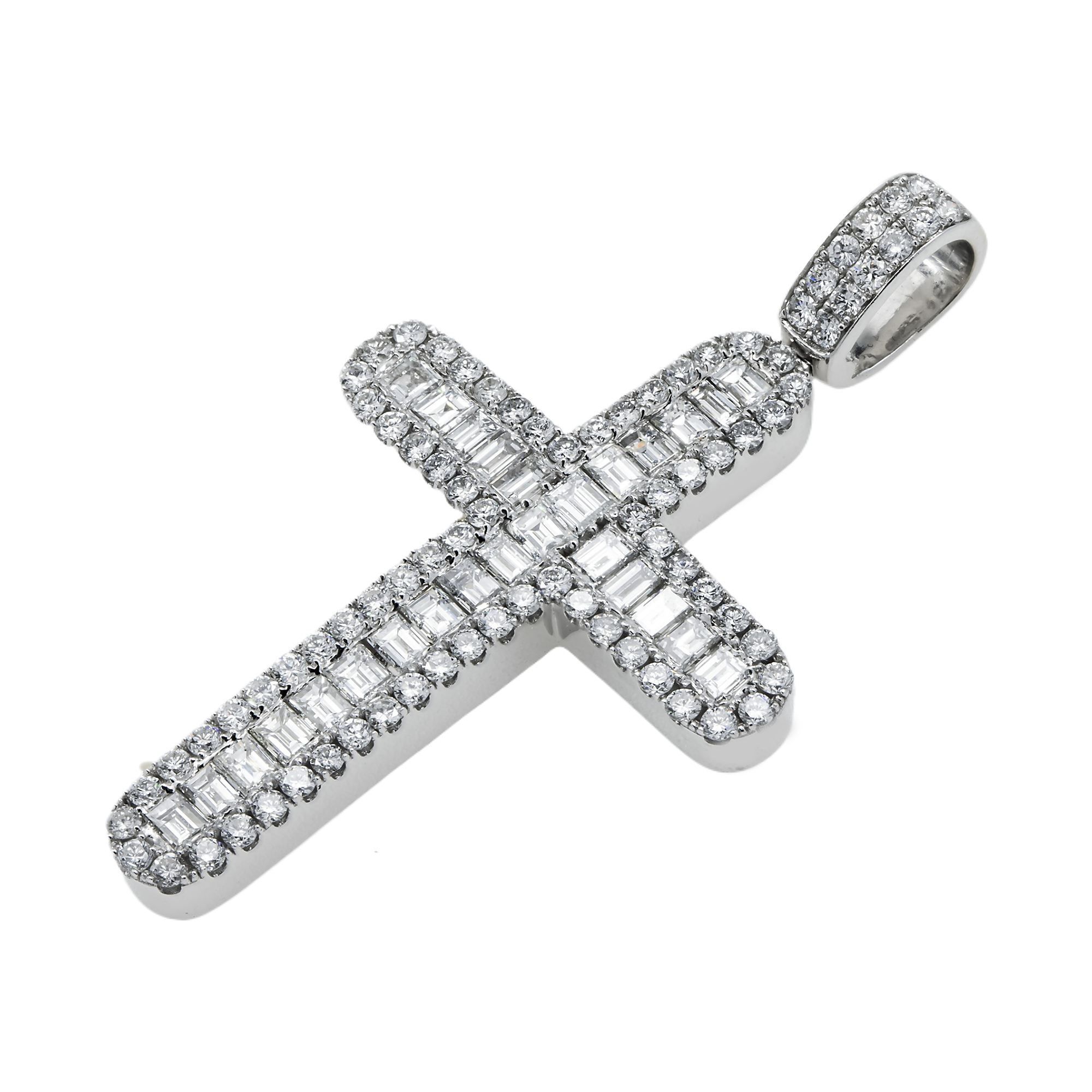 14K White Gold Emerald & Round Cut Diamond Cross Pendant 15.90Ct
