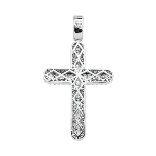 14K White Gold Emerald & Round Cut Diamond Cross Pendant 15.90ct