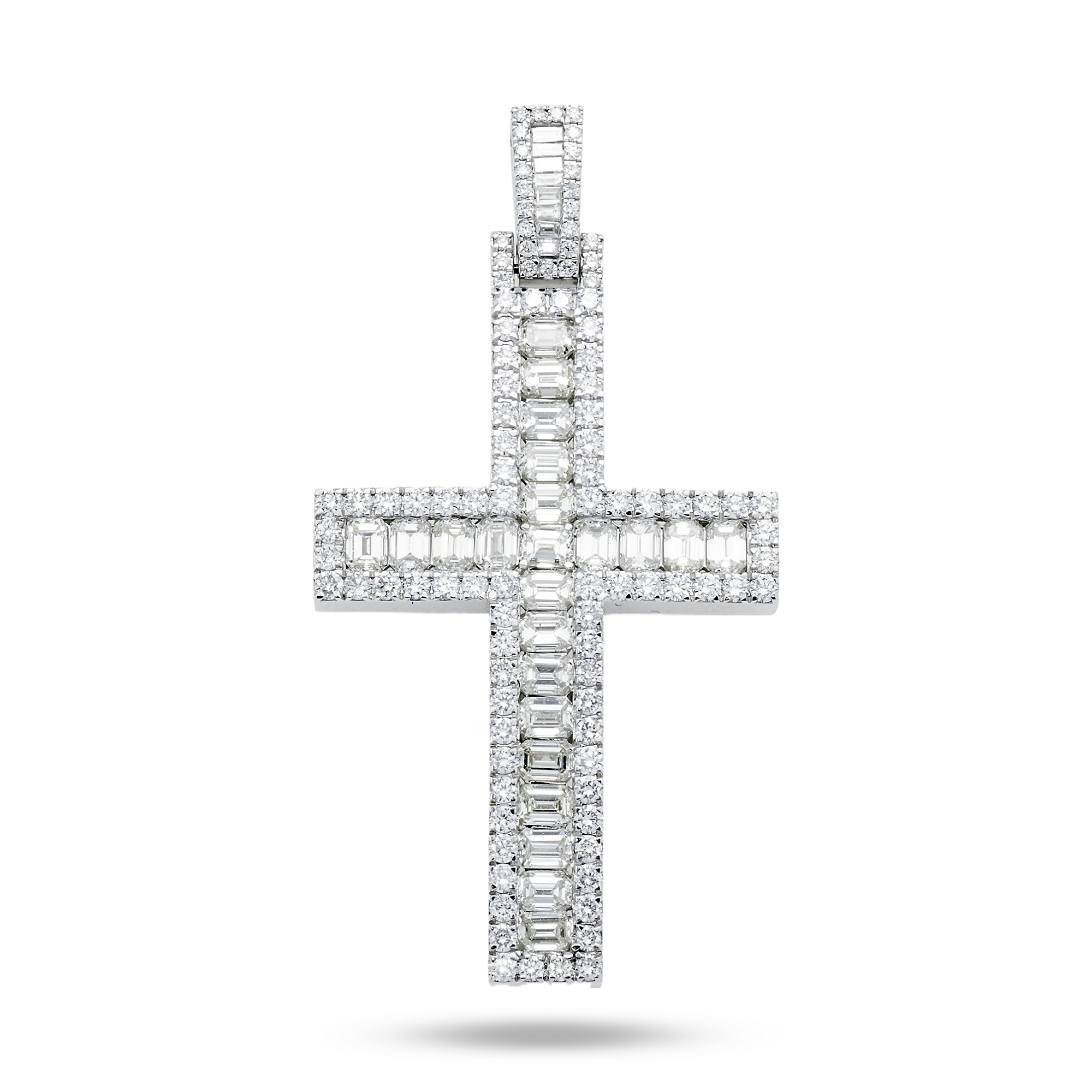 14K White Gold Round & Emerald Diamond Cross Pendant 6.96Ct