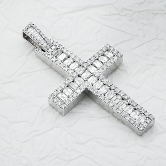 14K White Gold Round & Emerald Diamond Cross Pendant 6.96ct