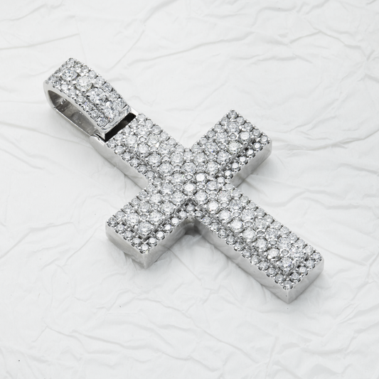 14K White Gold Bilevel Round Diamond Cross Pendant 6.70ct