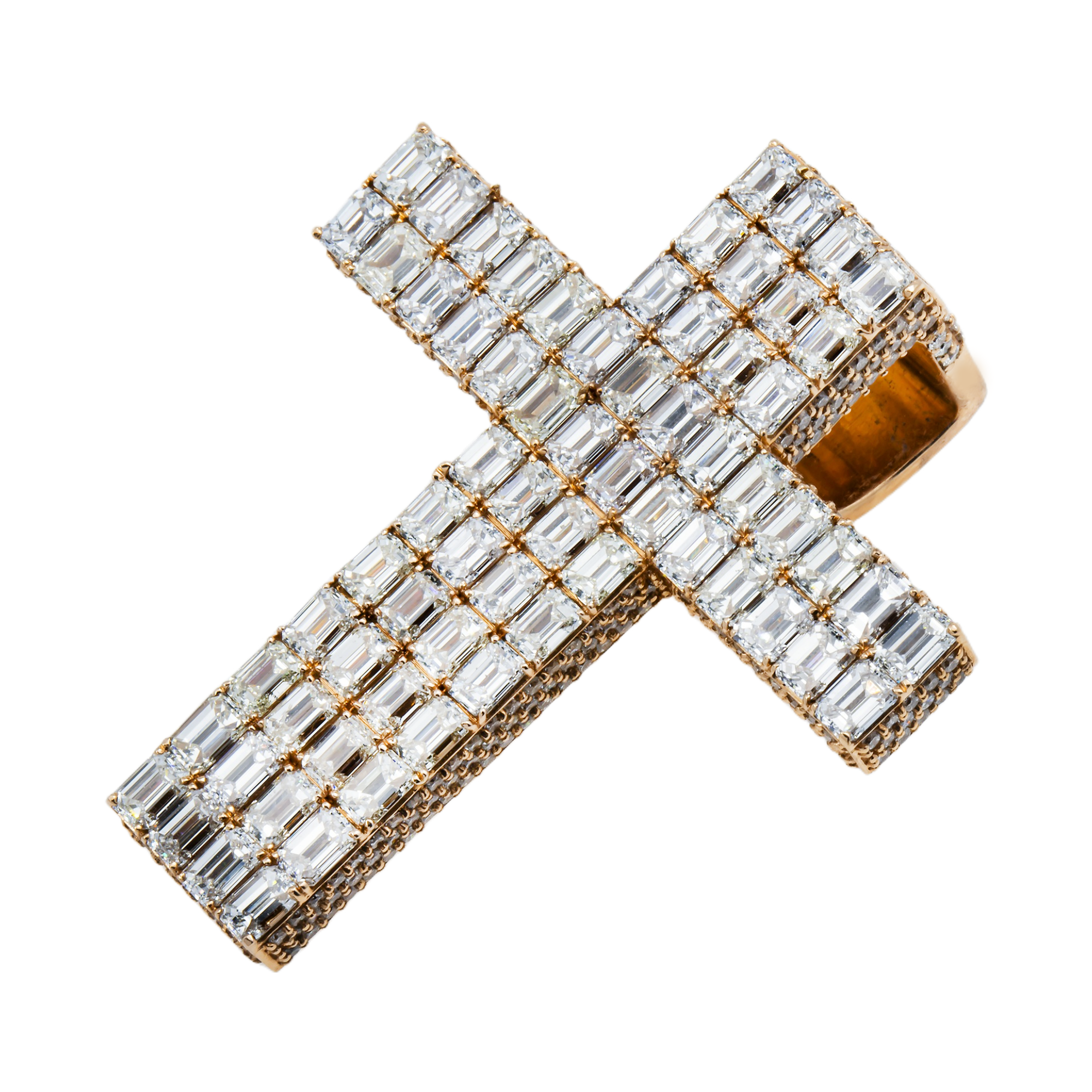 14K Rose Gold Emerald Cut Diamond Cross Pendant 17.34Ct