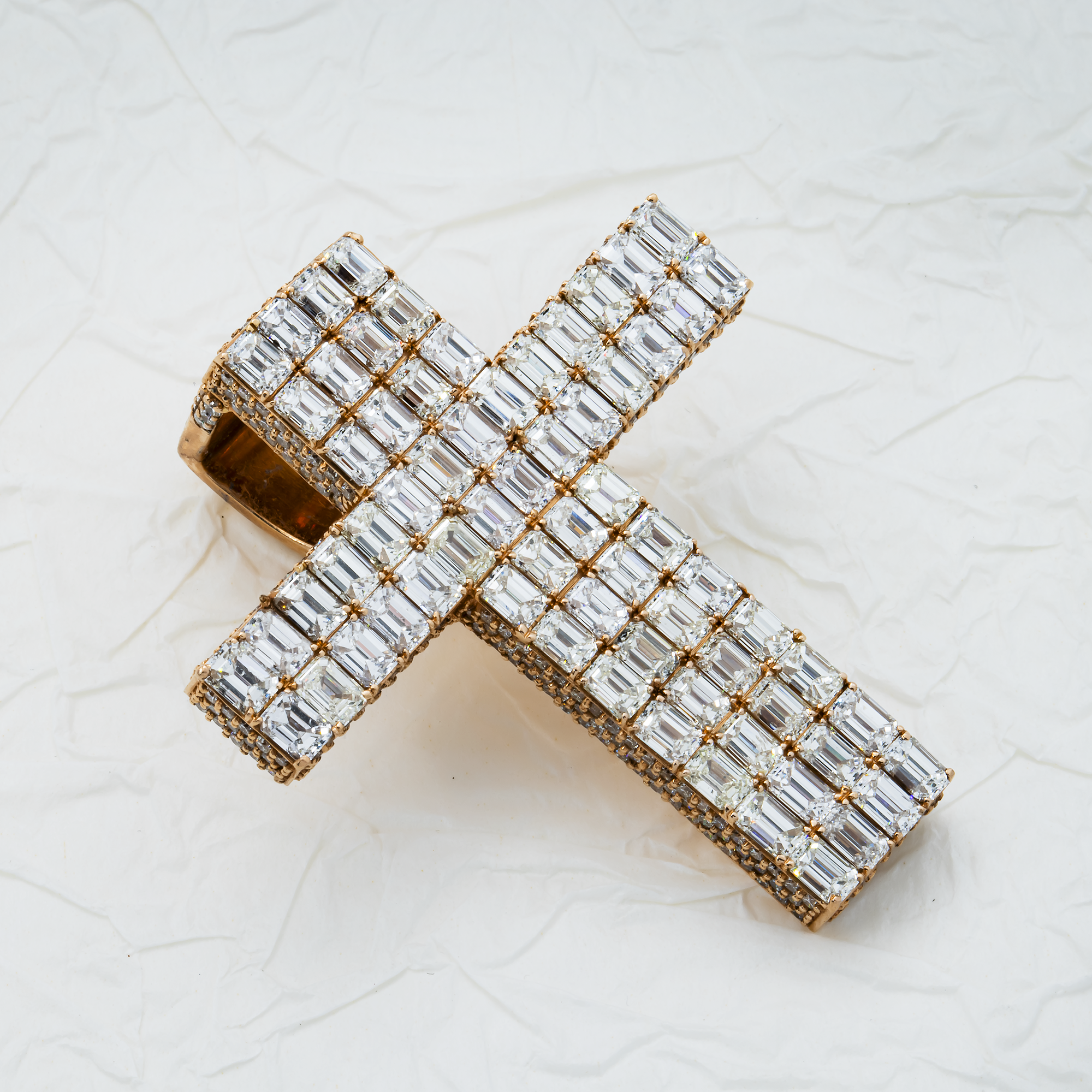 14K Rose Gold Emerald Cut Diamond Cross Pendant 17.34Ct