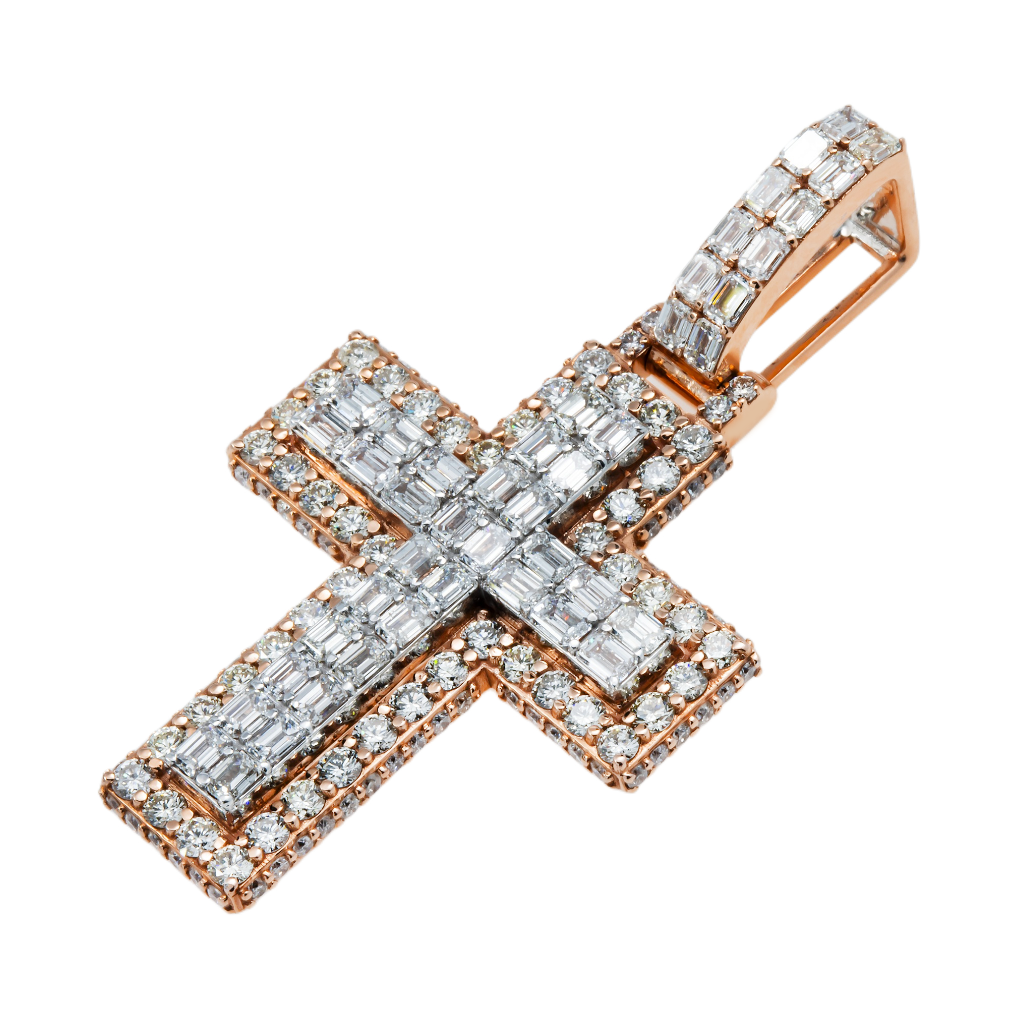 14K Two Tone Round Diamond Bilevel Cross Pendant 6.90Ct