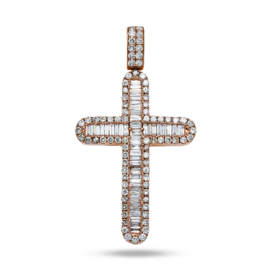 14K Rose Gold Baguette & Round Diamond Cross Pendant 7.70ct