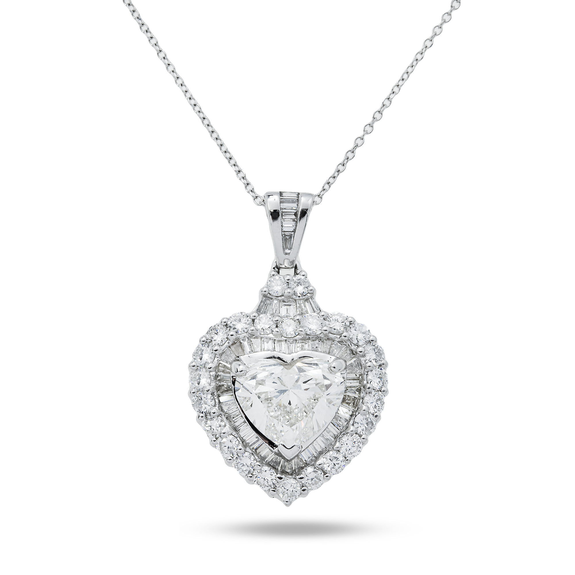 14K White Gold Heart Cut Diamond Pendant & Chain Necklace 4.76