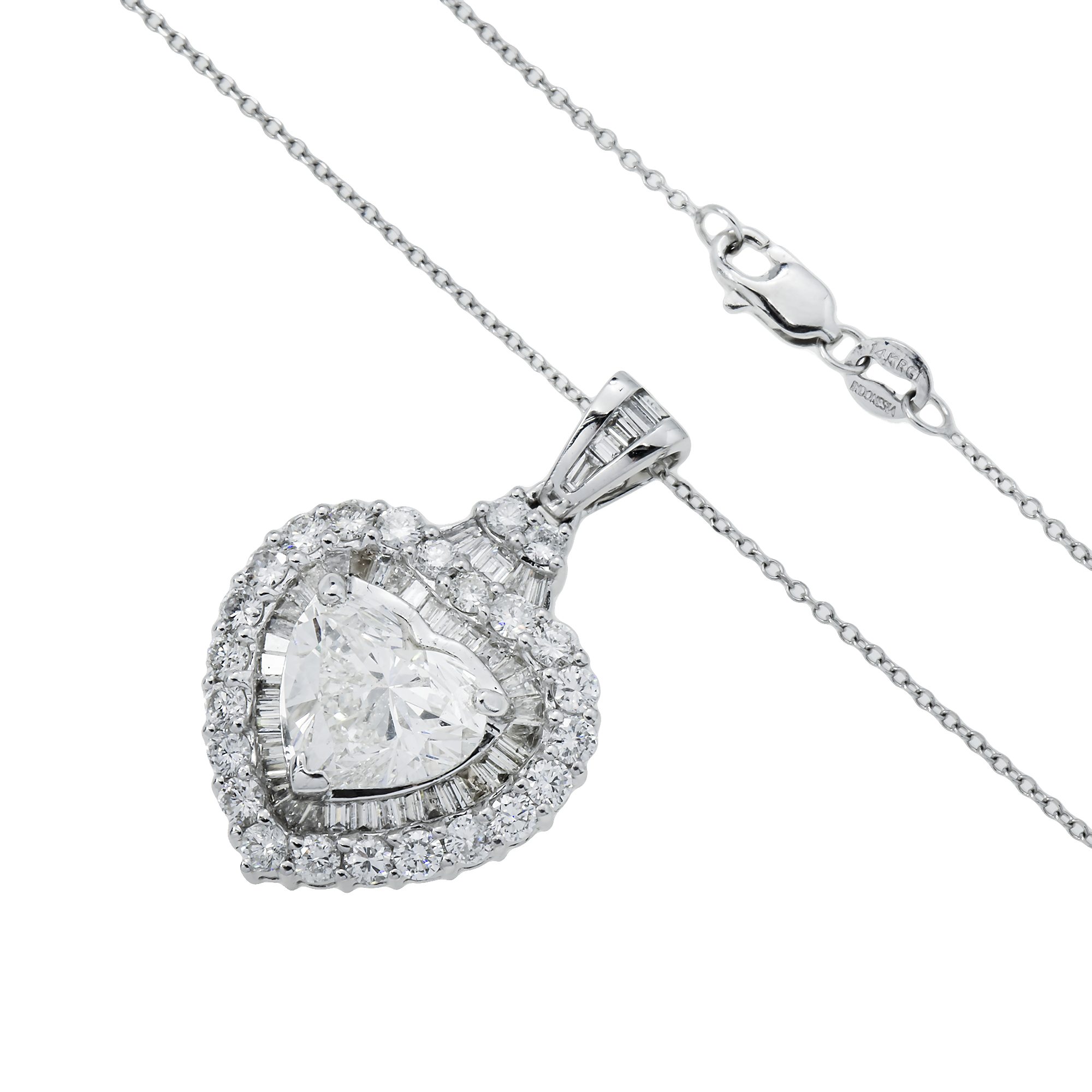 14K White Gold Heart Cut Diamond Pendant & Chain Necklace 4.76