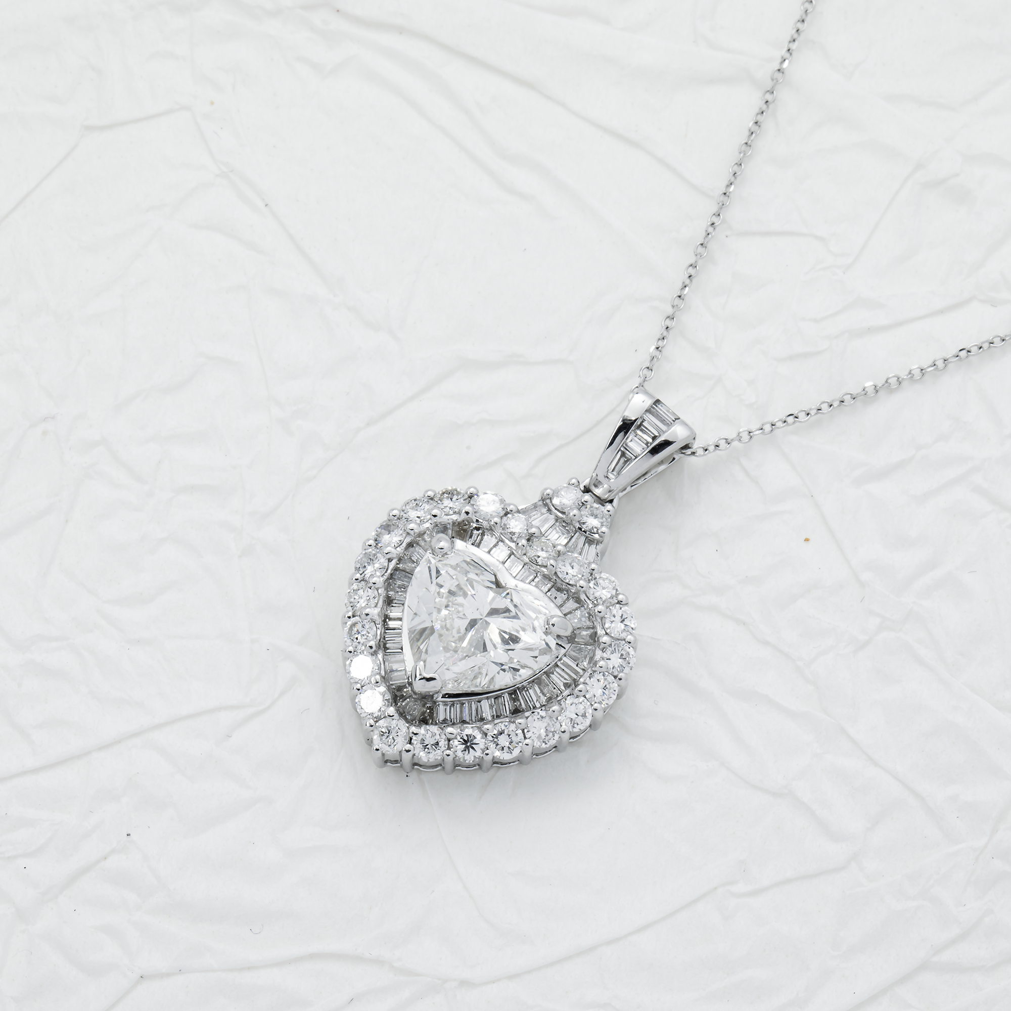 14K White Gold Heart Cut Diamond Pendant & Chain Necklace 4.76
