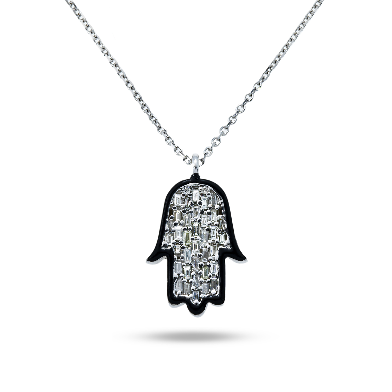 14K White Gold Baguette Diamond Hamsa Pendant & Chain Necklace 0.40Ct